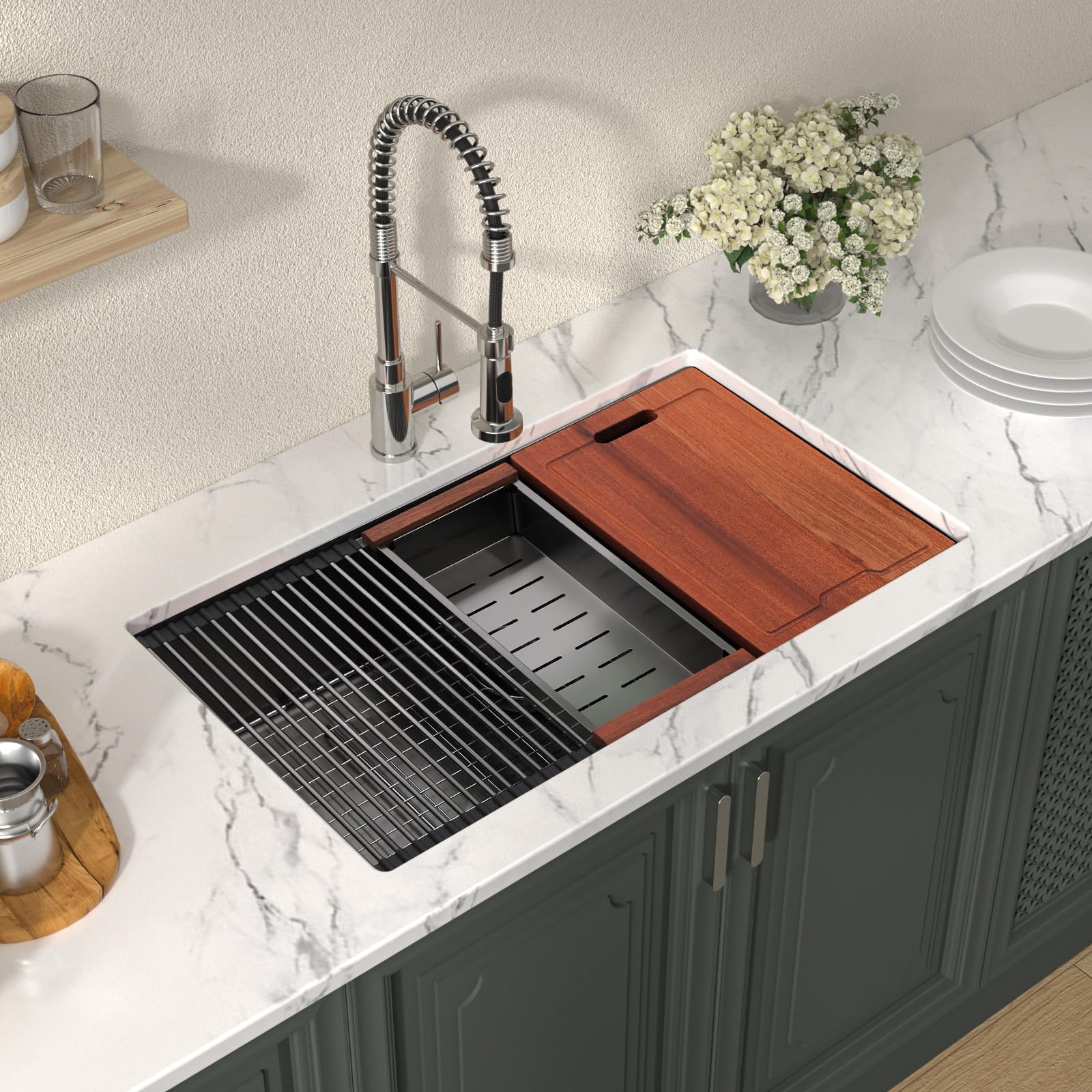 LORDEAR32 Undermount Kitchen Sink Workstation Black - 32 Inch Black Sink Ledge Workstation Gunmetal Black 16 Gauge Stainless Steel Single Bowl Under Counter Kitchen Sink with Accessories