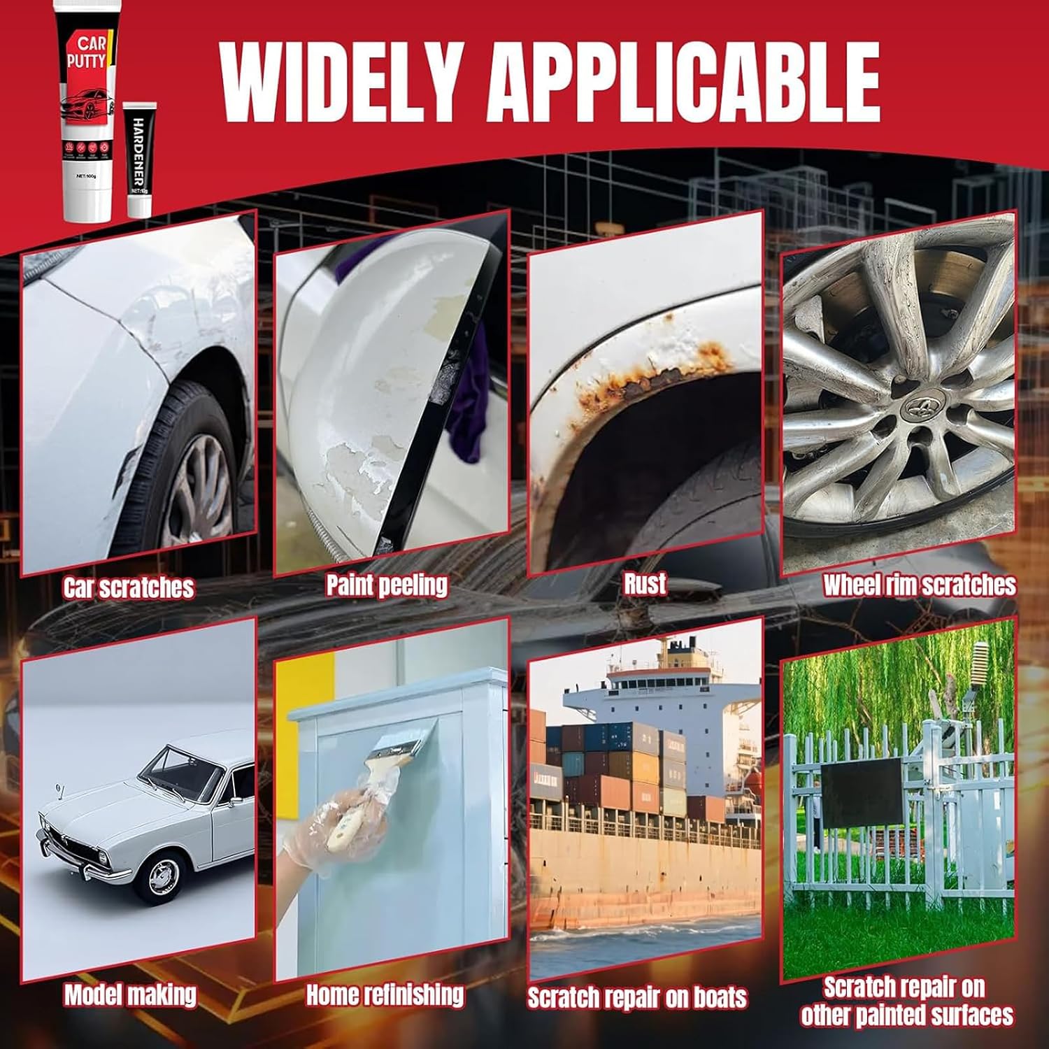 Auto Body Filler, Car Scratch Repair Kit, 100g Car Filler & 10g Hardener, Sandpaper, Scraper, Harden without Cracking, Quick-Drying Suit for Car, Boat, Metal, Fibreglass Paint Scratch Removal Repairs