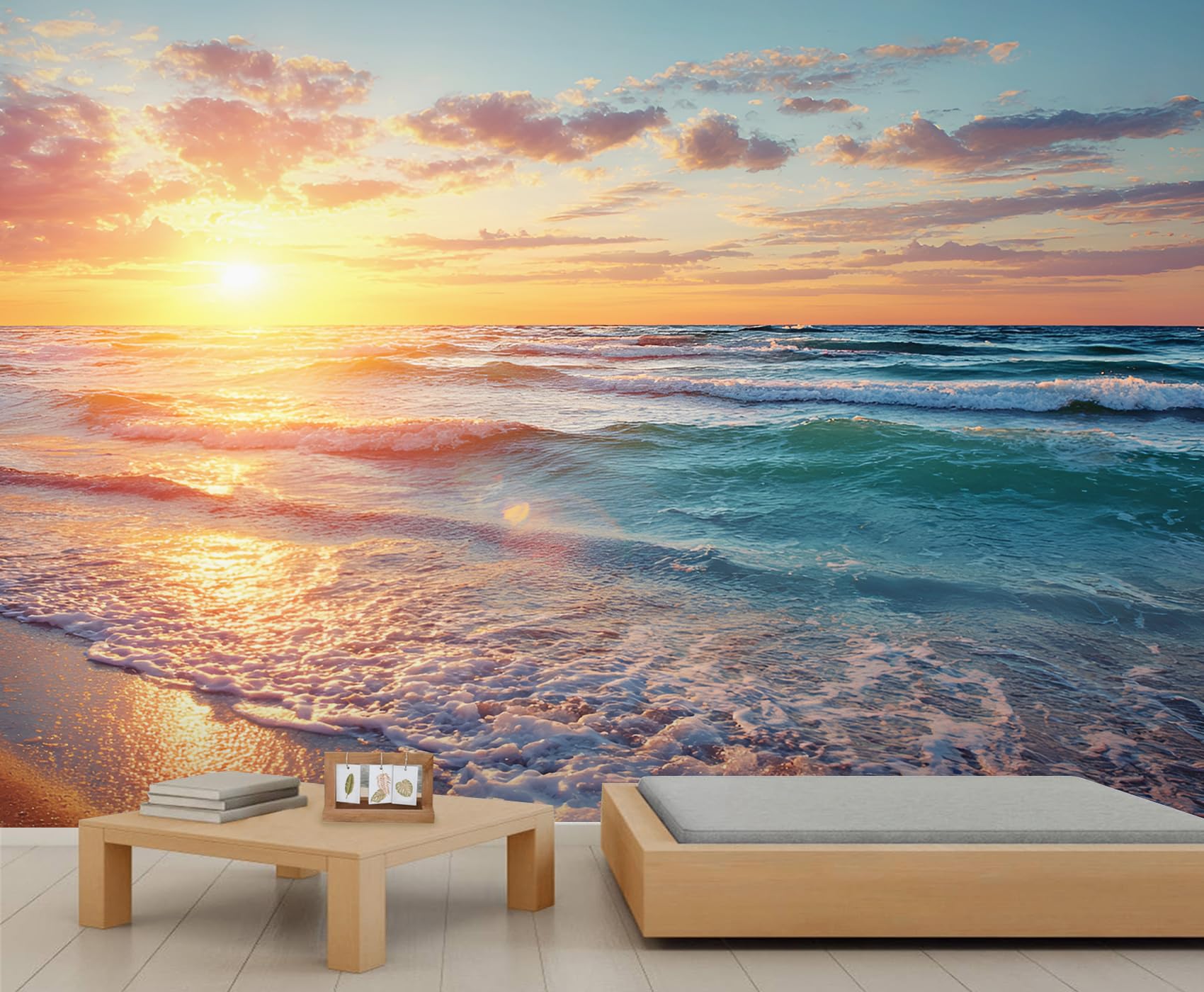 Sunset Beach Wallpaper Waves and Sand Office Wallpaper Golden Sun Wall Mural Kids for Bedroom Living Room Mural Decor 250X175cm