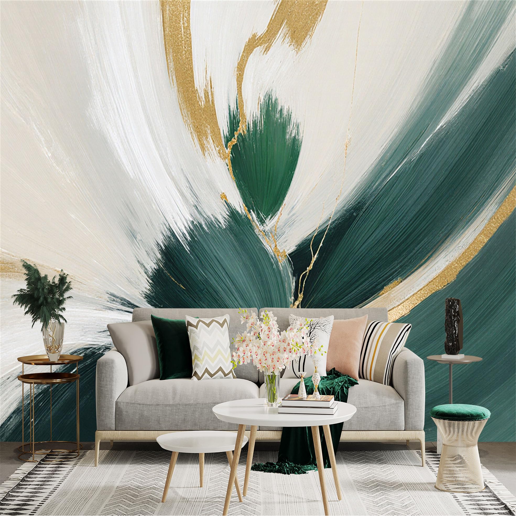 Custom Size Wall Sticker Mural， Modern Abstract Green and Gold Swirls， Artistic Oil Painting Style， Minimalist Home Decor， for wall Decoration， peelandstick wall Decals.