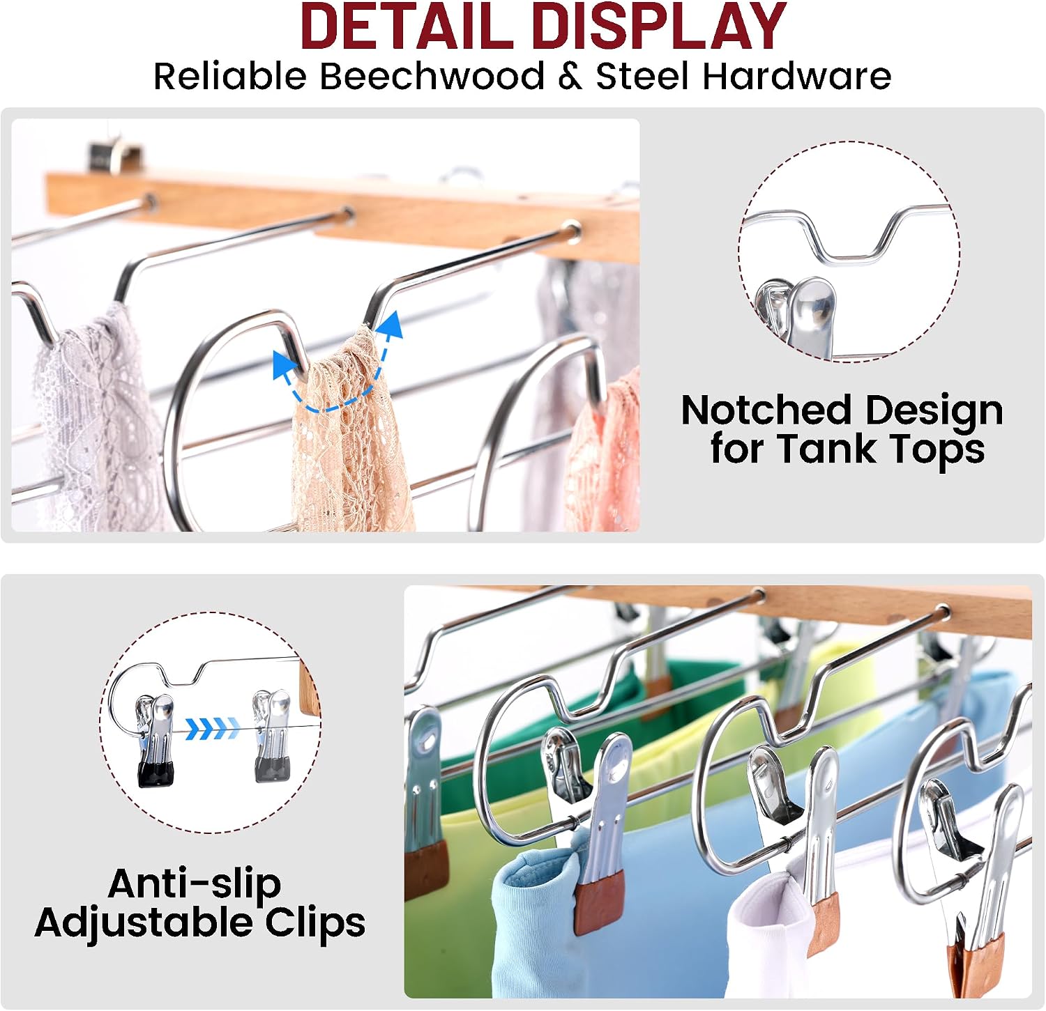 2 Pack Skirt Hangers with Clips, Space Saving Beechwood 5 Tier Pants Hangers with 360° Swivel Hook, Closet Organizer for Skirts, Pants, Tank Top-College Dorm Room Essentials (Wood Color)