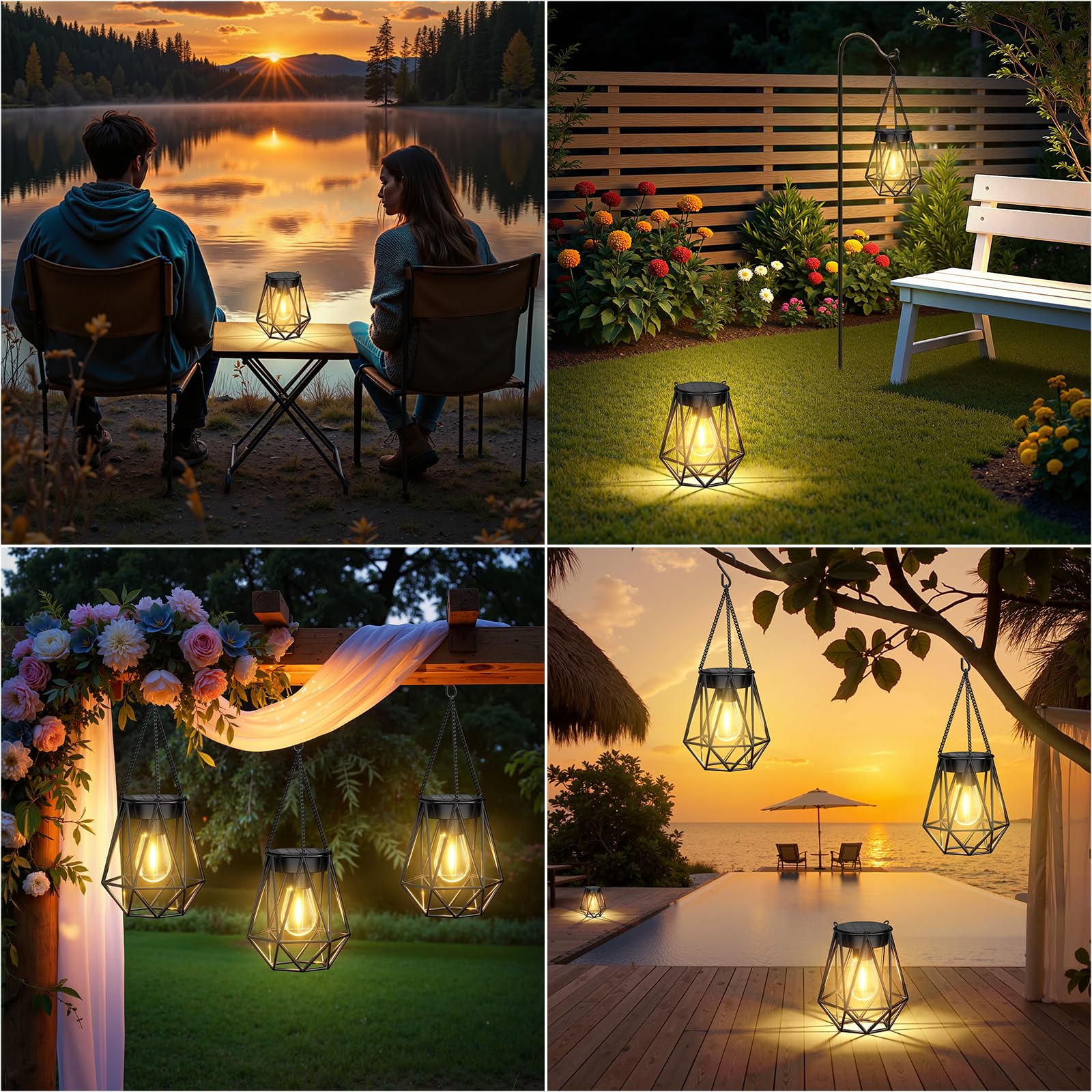 RECHOO Garten Solarlampen für Außen Hängend, 2 Stück Metall Solar Laternen für Draußen mit LED-Glühbirne, IP65 Wasserdicht Solarlaterne für Außen Weihnachten Halloween Terrasse Rasen Balkon Hof
