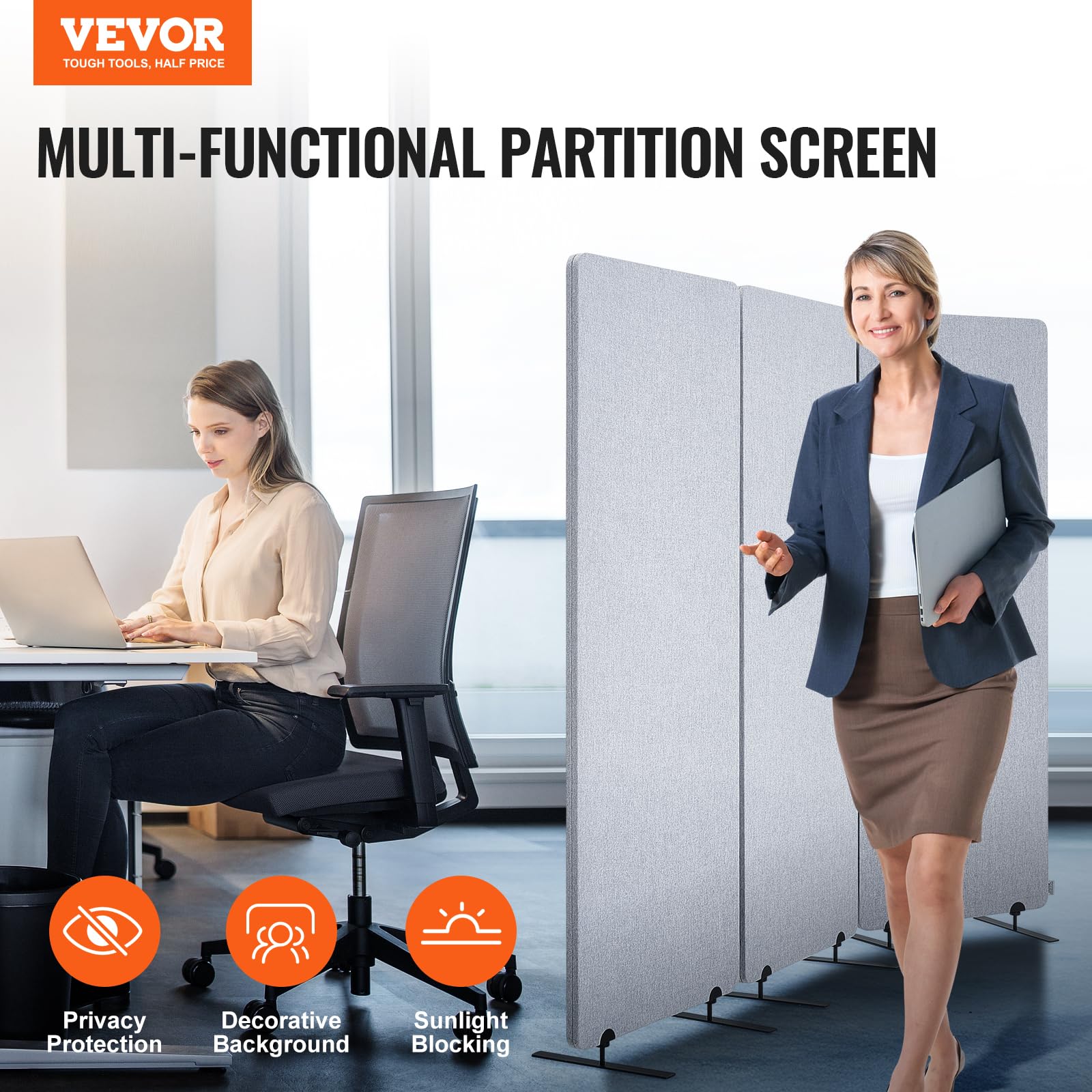 VEVOR Divisorio per Ambienti da 609,6 mm Divisorio per Ambienti Insonorizzato a 3 Pannelli, Paravento per Privacy Pieghevole, Separazione Portatile per Ambienti, per Studio Ufficio, Grigio Chiaro