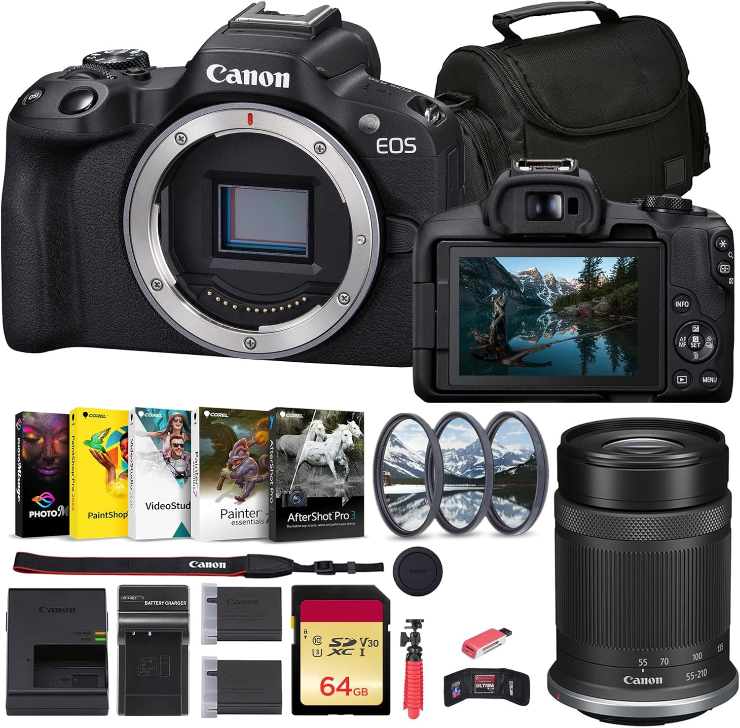 Canon EOS R50 Mirrorless Camera (Black) (5811C002) + Canon RF-S 55-210mm Lens + 64GB Card + Filter Kit + Software + Bag + Charger + LPE17 Battery + Card Reader + Tripod + More (Renewed)
