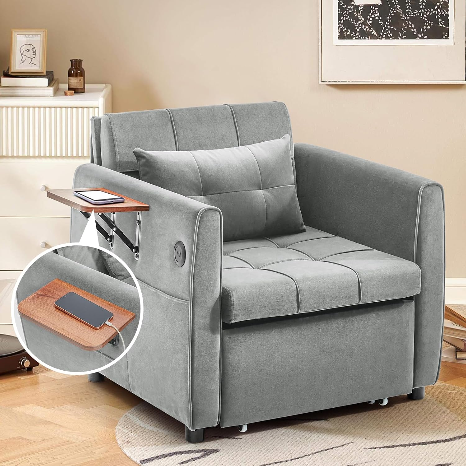 Convertible Sleeper Chair for Adults with Foldable Table, USB Port & Bottom Storage, Single Sleeping Sofa Bed for Living Room, Guest Room, Light Gray