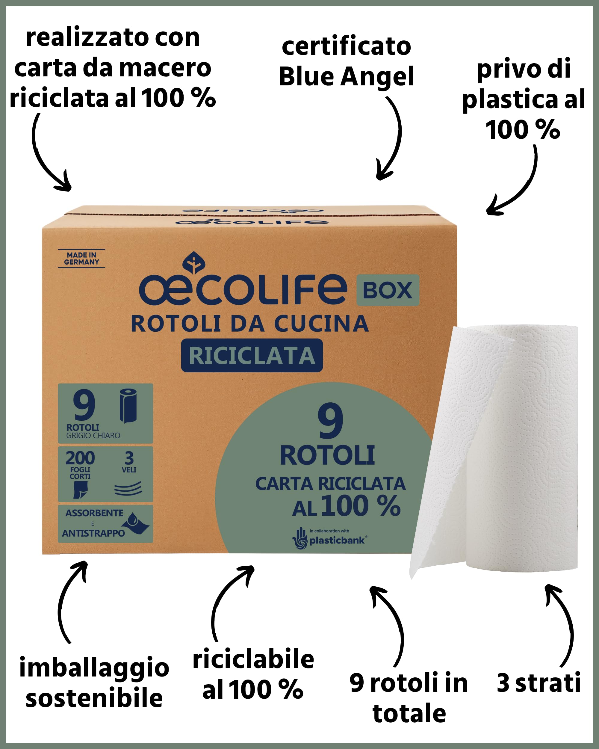 œcolife Asciugamani da cucina "Ricicling", 9 rotoli da 200 fogli, fogli corti, rotoli da cucina, senza plastica, sostenibili, rotoli per la casa, asciugamani multiuso