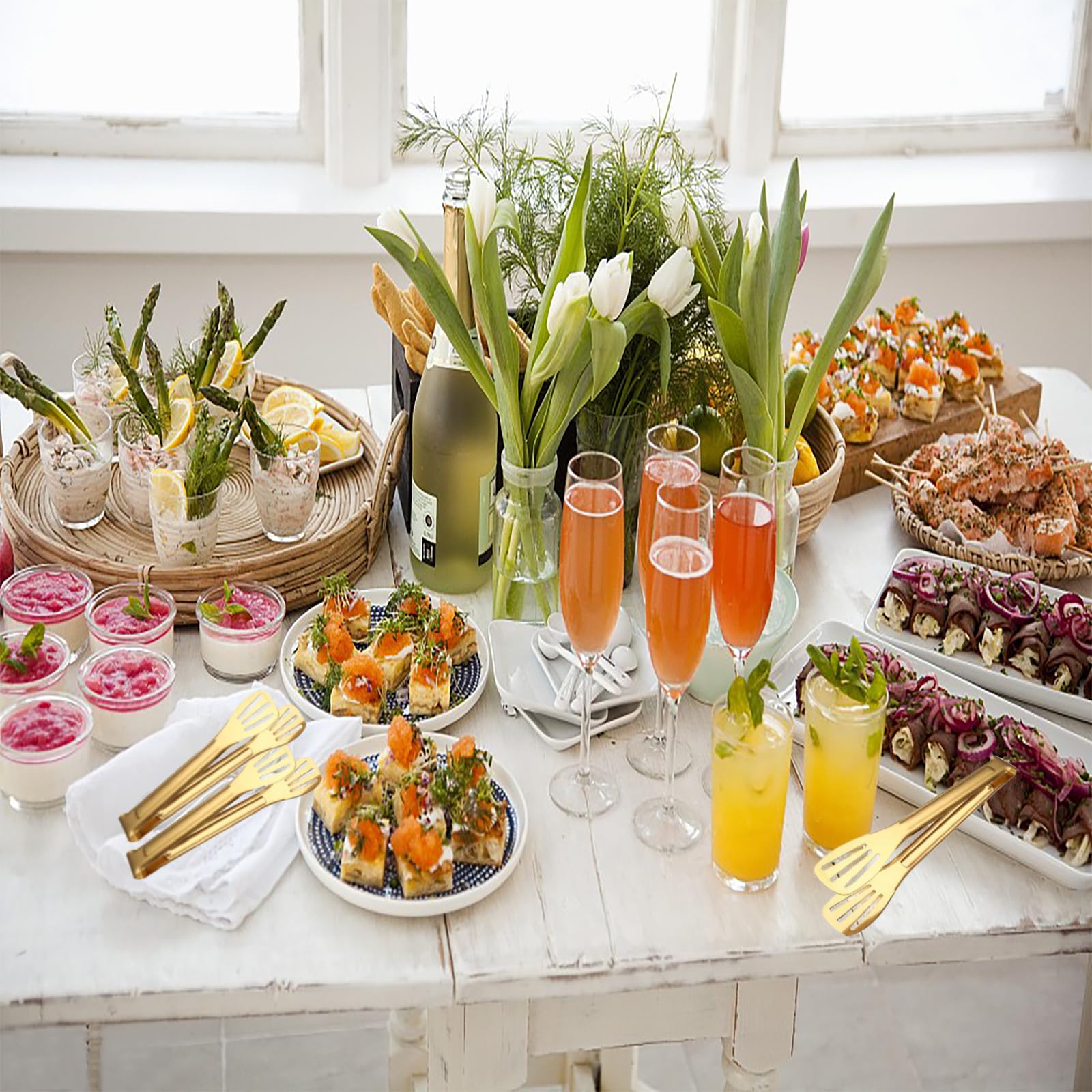 Paquete de 6 pinzas de cocina, pinzas doradas de 7 pulgadas, pinzas pequeñas de acero inoxidable, pinzas de servir para bufé, fiesta, ensalada, aperitivos