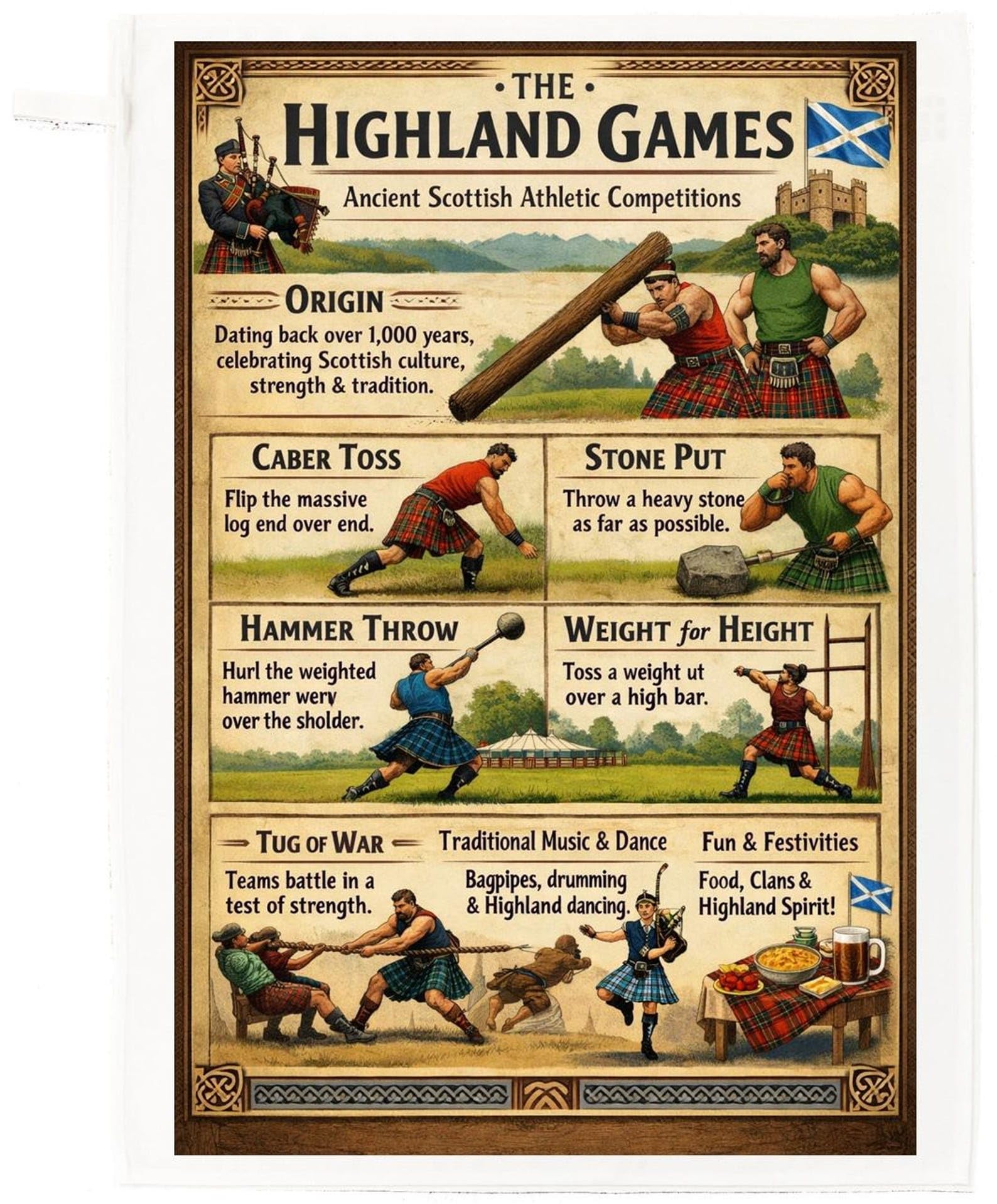 Half A Donkey White Highland Games Cotton Tea Towel – Scottish Athletics & Traditions Design