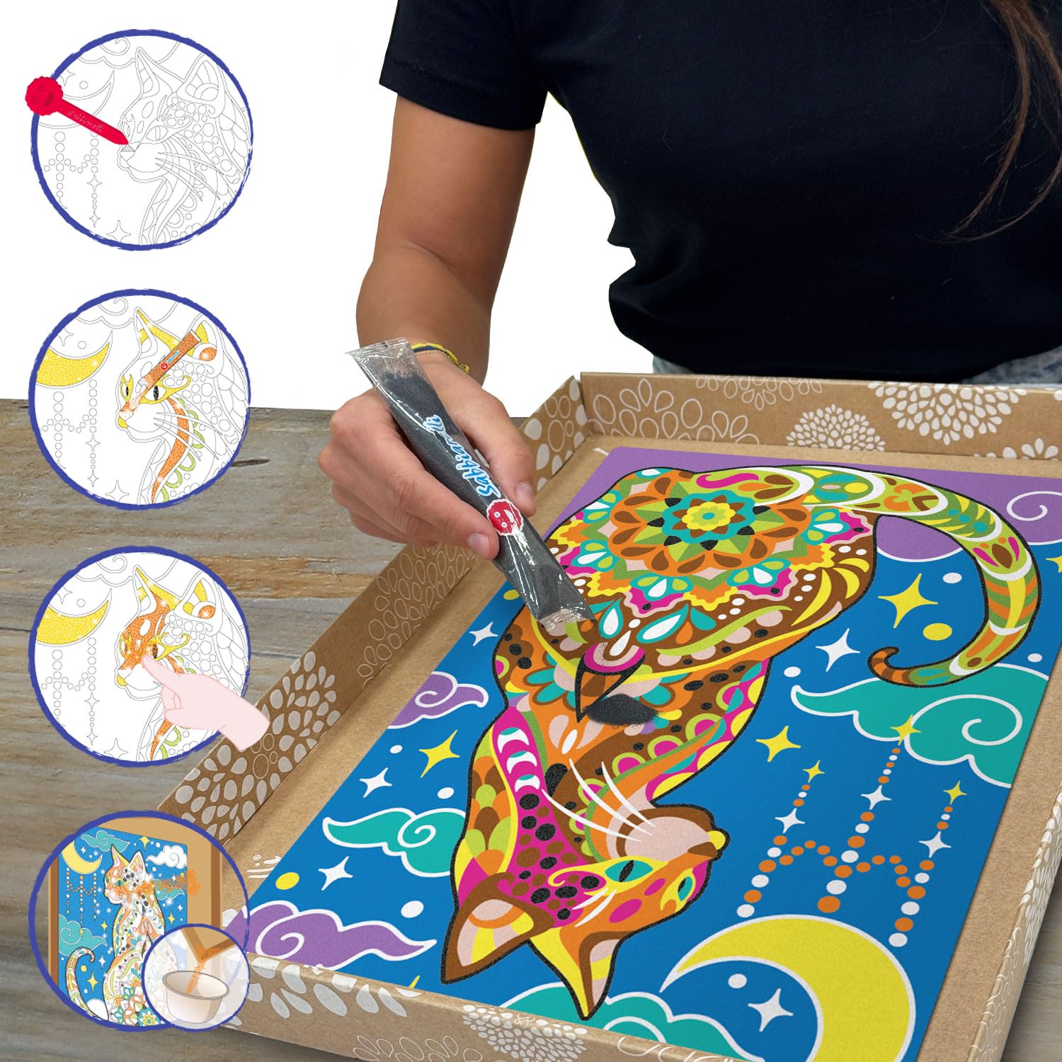 Sabbiarelli Sand-it For Fun – Maxi Set Mandala Chat 12-99 | Kit de Sand Art 100% Made in Italy avec Sable Coloré, 1 Poster Adhésif et Accessoires | Hobby Créatif Relaxant
