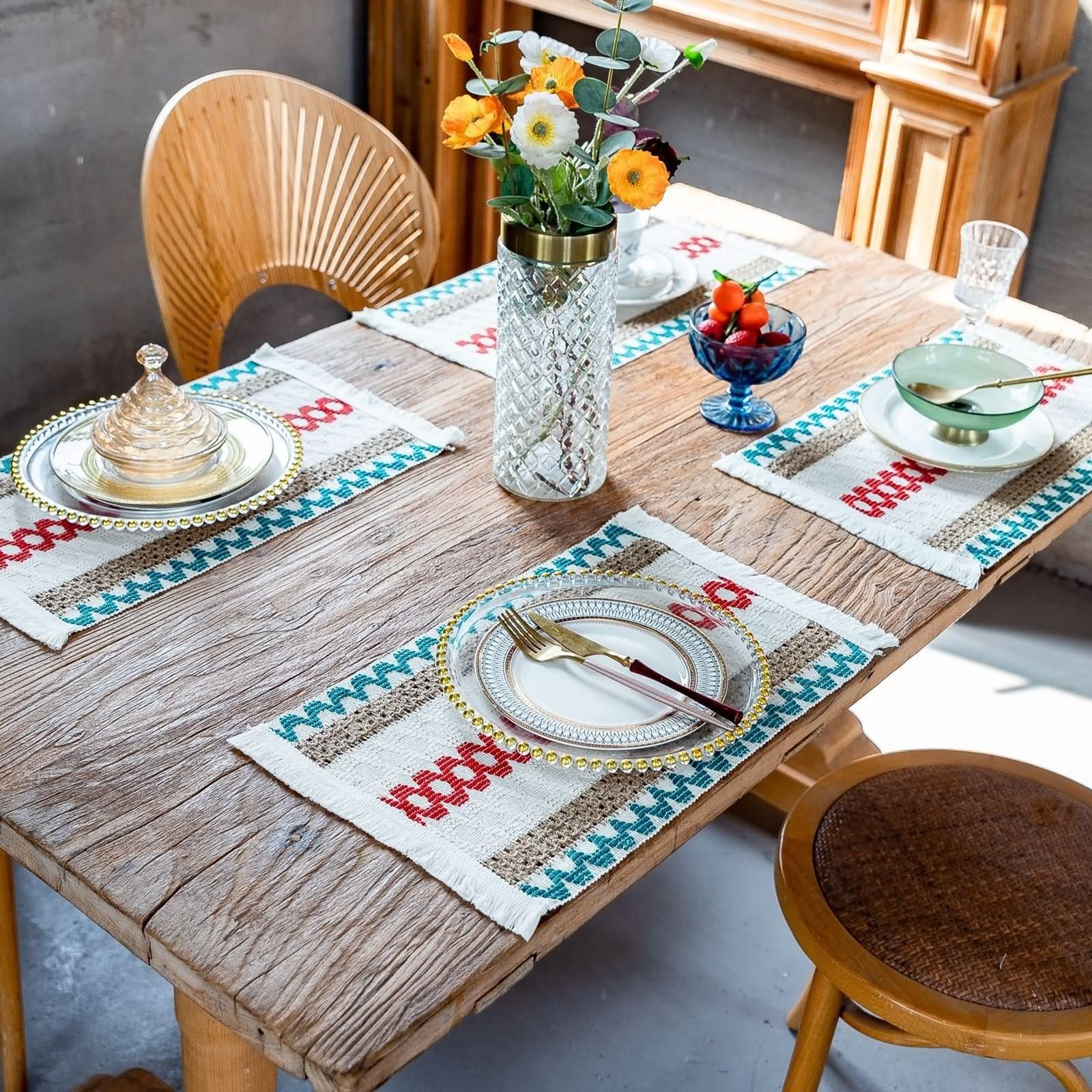 Tischset Vintage 4er Set, Platzsets Landhausstil 30x50cm Geometrisches Streifenmuster mit Quasten Baumwolle Leinen Blau Rot