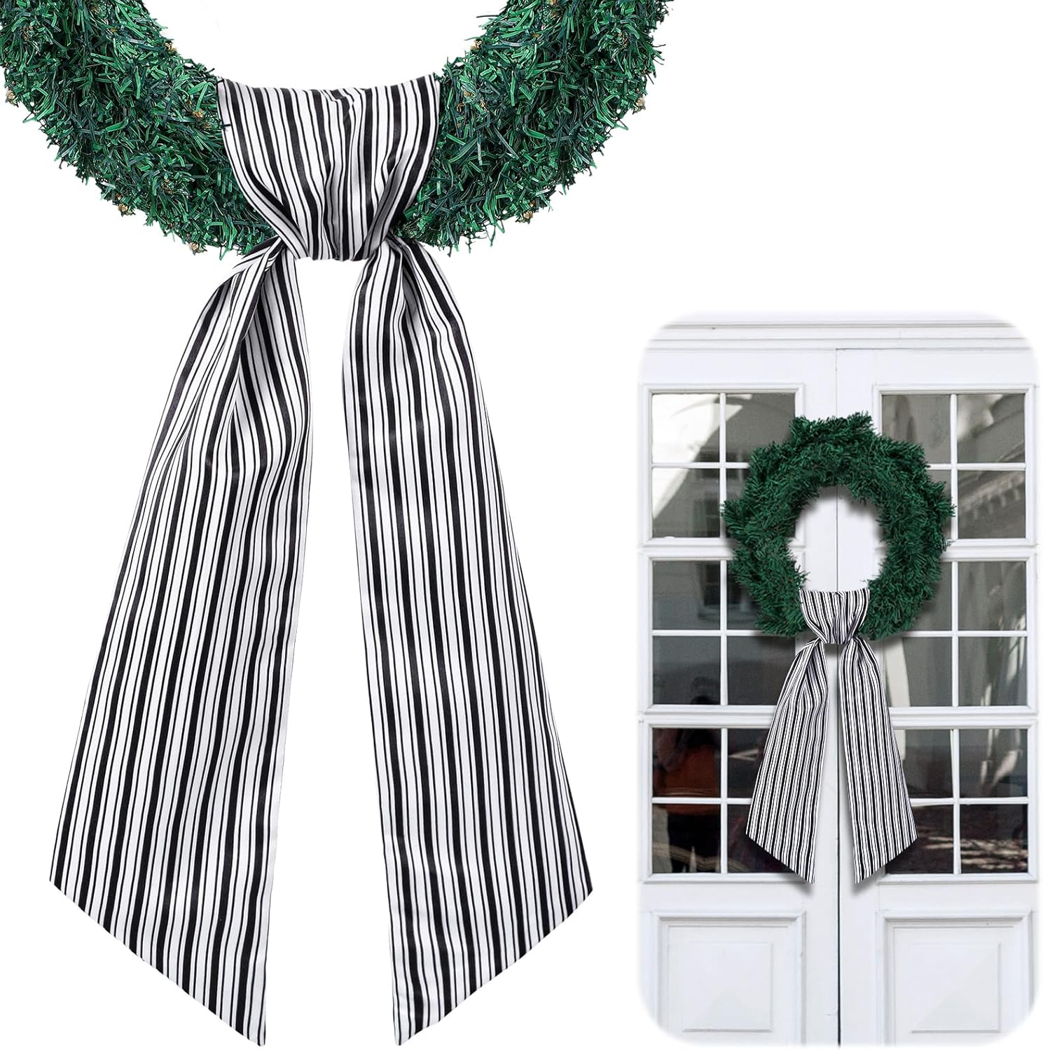 Wreath Sash for Front Door Wreath Satin Sash Blank Sashes Embroidery Monogram Yard Doorway Indoor Outdoor Wall Ribbon Bow Home Decor(Black, White,Stripe)