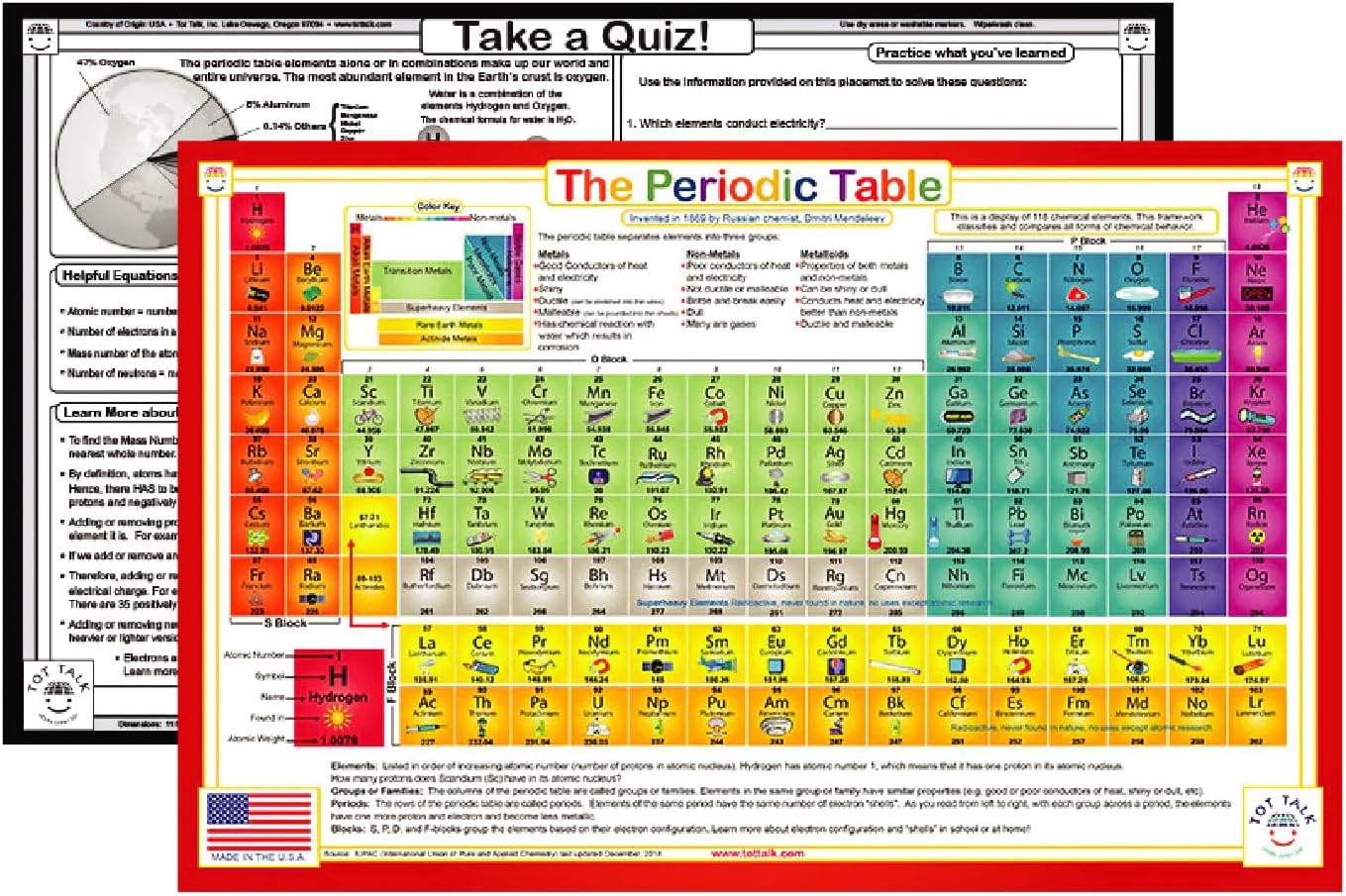 Periodic Table Educational Placemat for Kids – Double-Sided, Waterproof, Wipeable – Made in USA – Science Chemistry Placemat - Practice Problems on Back Side – 17.5” x 11.5"