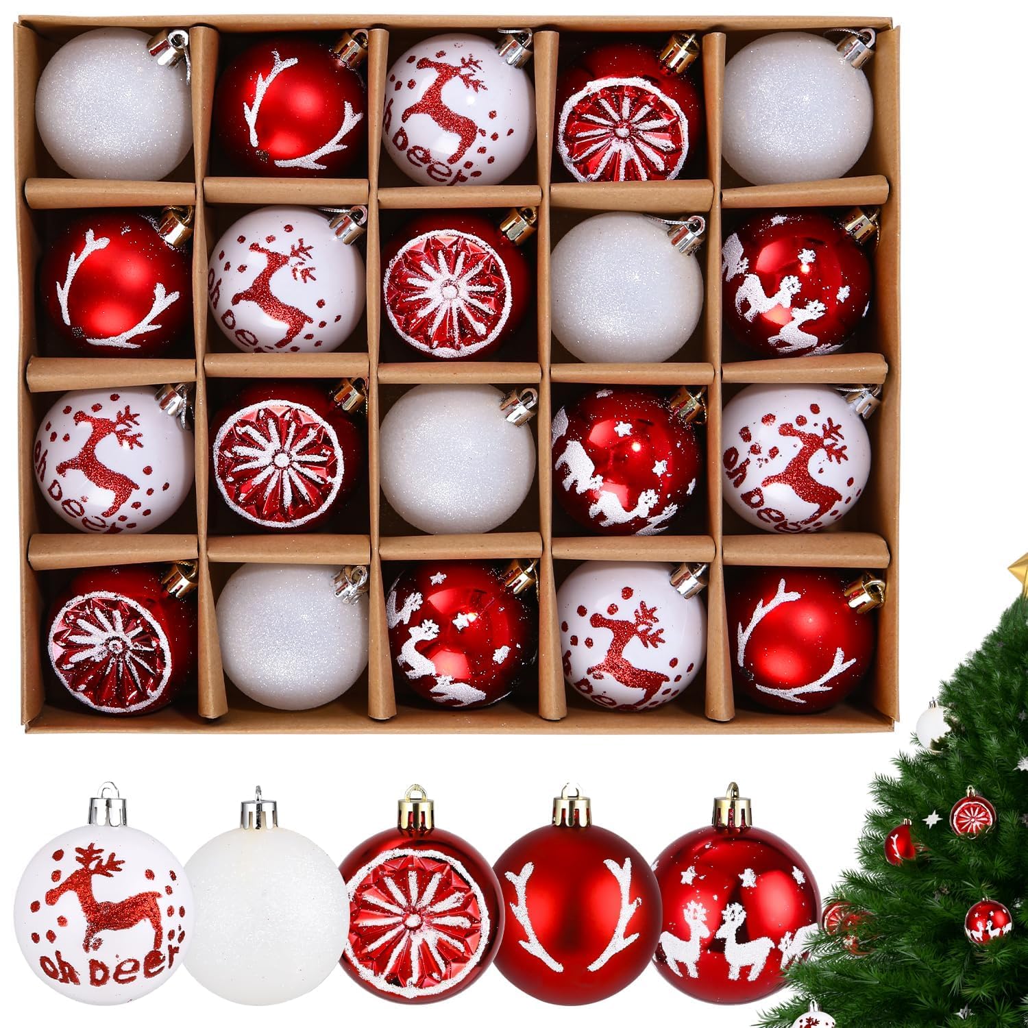 Juego De Bolas De Navidad De Plástico, Rojo, Blanco, 20 Piezas, 6 Cm, Bolas De Navidad, Adornos para Árboles De Navidad con Colgador, Bolas De Navidad De Plástico con Pintura, Adornos para Árboles