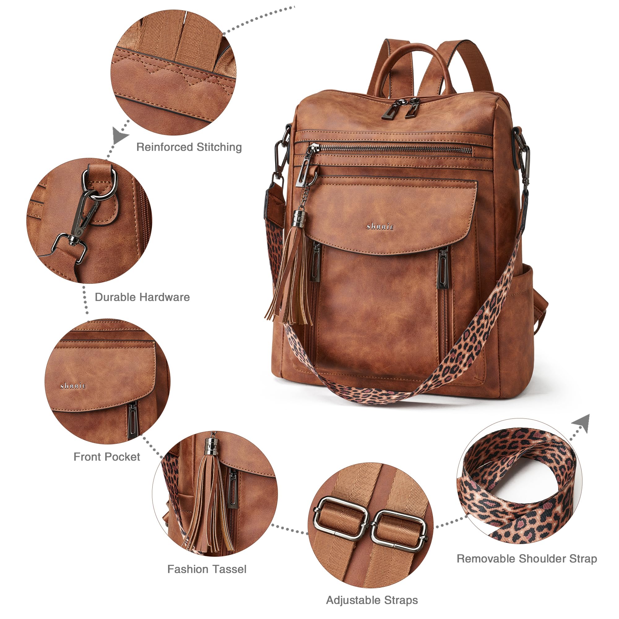 Shrrie Rucksack und Geldbörse für Damen, modischer Rucksack aus Leder, Designer-Reiserucksack, wandelbare Schultertasche, 12.5 x 5 x 13 inches