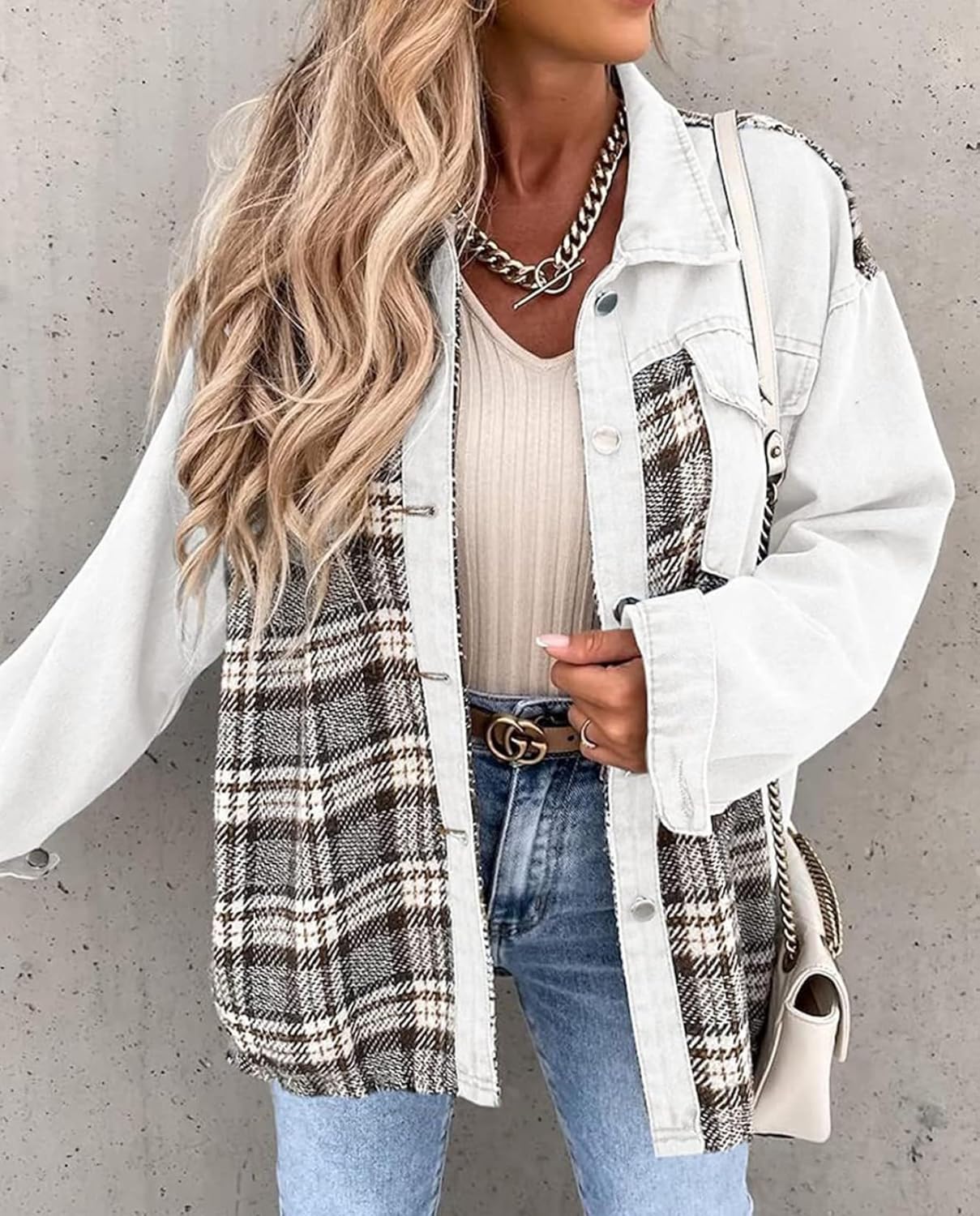 LIZALIG Denim Jacket Shirt Long Sleeve Plaid Flannel Lined Button-Up for Urban Streetwear & Casual Day