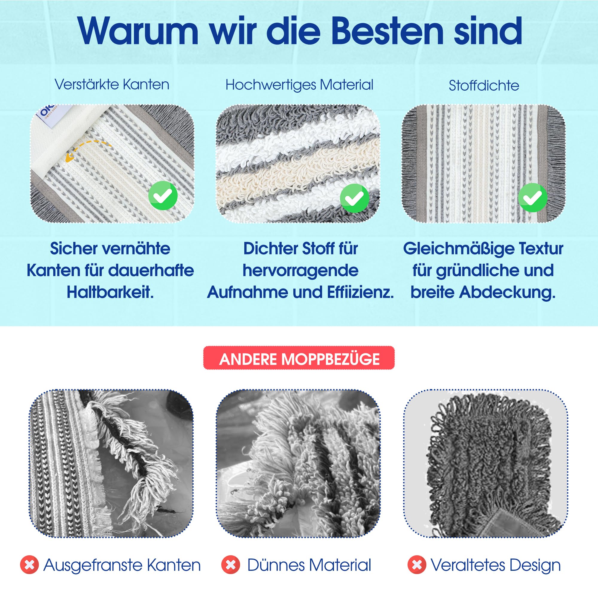 OKAEI Wischmop-Komplettset 40 cm – 10er Spar-Set: 10× Bezug Grau-Weiß-Beige + Klapphalter & Alu-Teleskopstiel – Für Feucht- & Nassreinigung – Ideal für Haushalt & Gewerbe