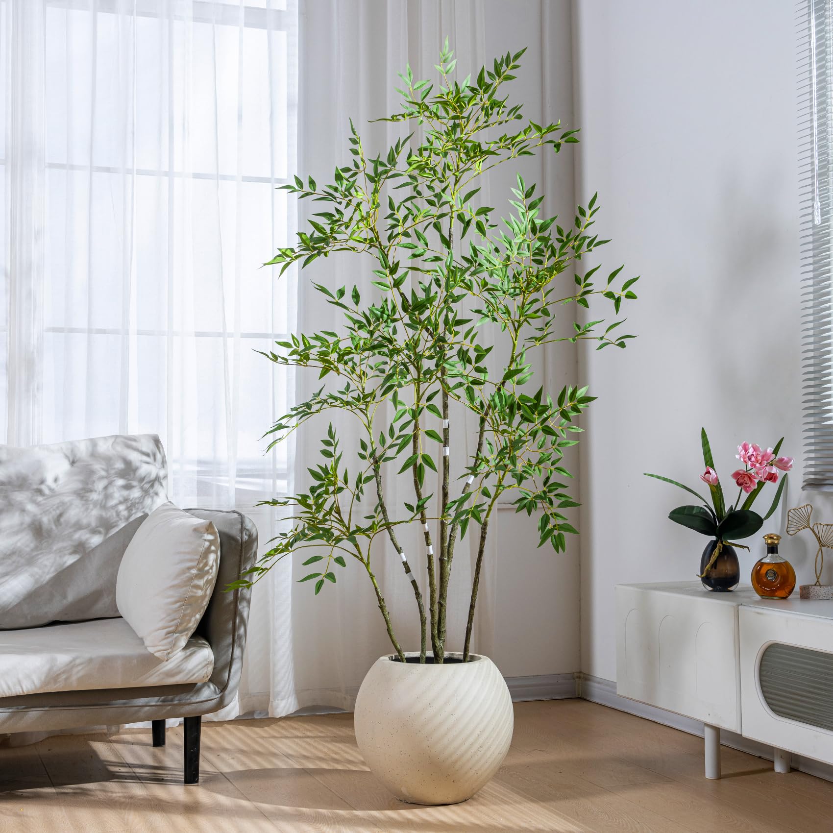 6ft faux bamboo tree artificial nandina tree artificial indoor plants realistic fake potted tree with 800+ leaves, cement planter - home office decor perfect for housewarming gift non-toxic
