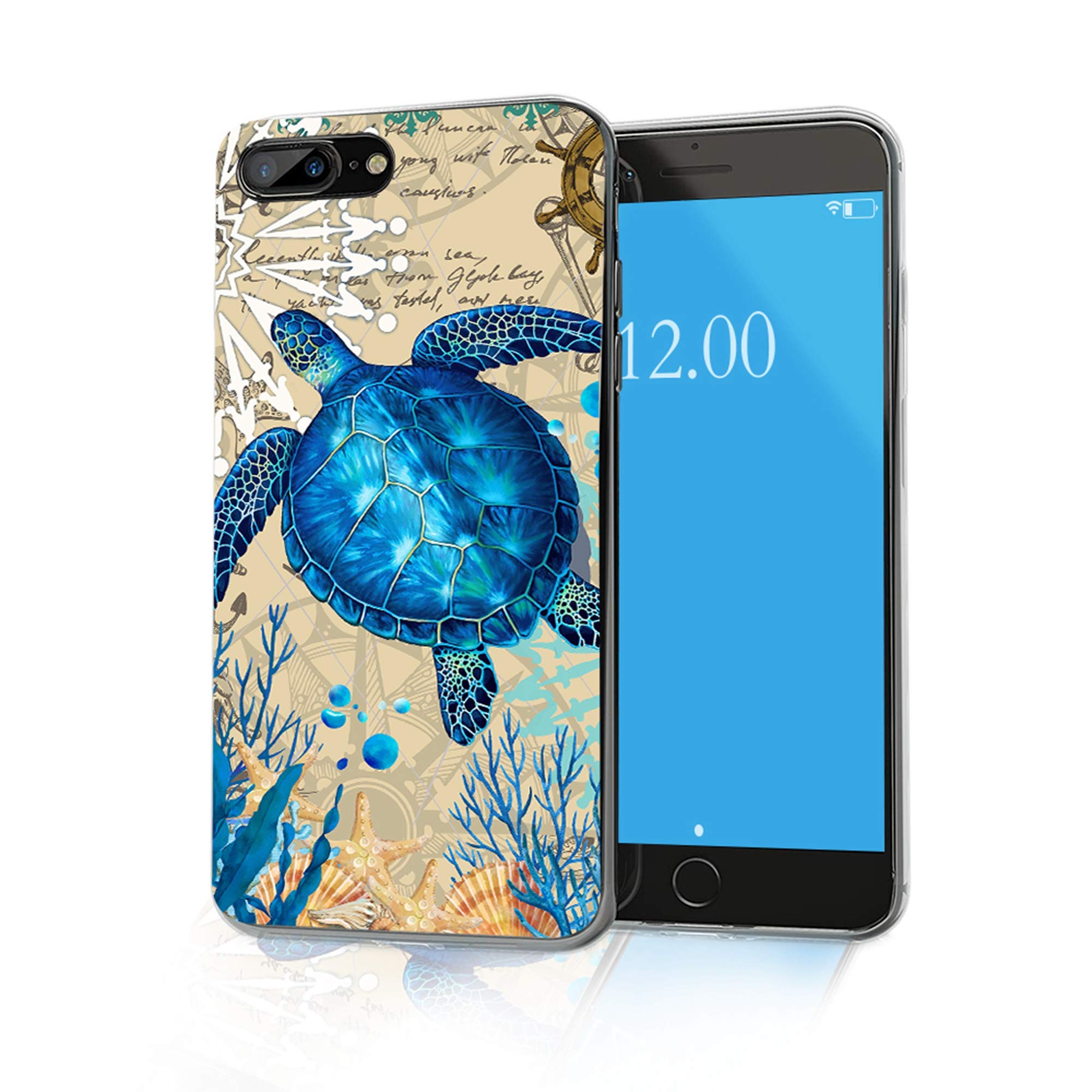 Cocomong Cute Turtle Phone Case Compatible with iPhone 8 Plus Case Turtle iPhone 7 Plus Case for Girls Men Boys, Cool Coral Sea Turtle Gifts for Women, Clear Thin Slim Soft TPU Cover Protective 5.5"