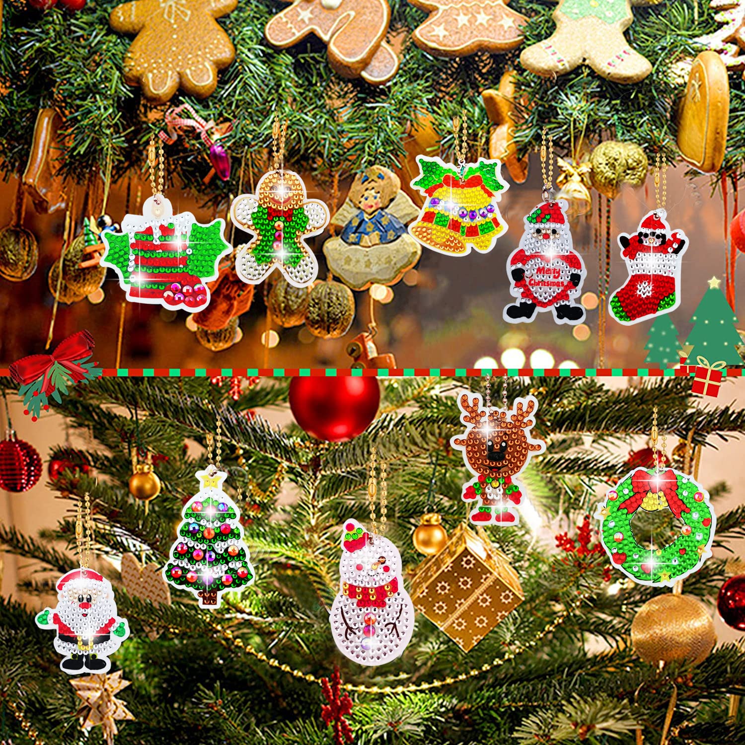 MEIEST 12 Weihnachts Diamond Painting Schlüsselanhänger-Set, 5D-Diamant-Mosaik, Malen nach Zahlen, vollständiger Bohranhänger, kreatives Kunst- und Bastelset und handgefertigtes