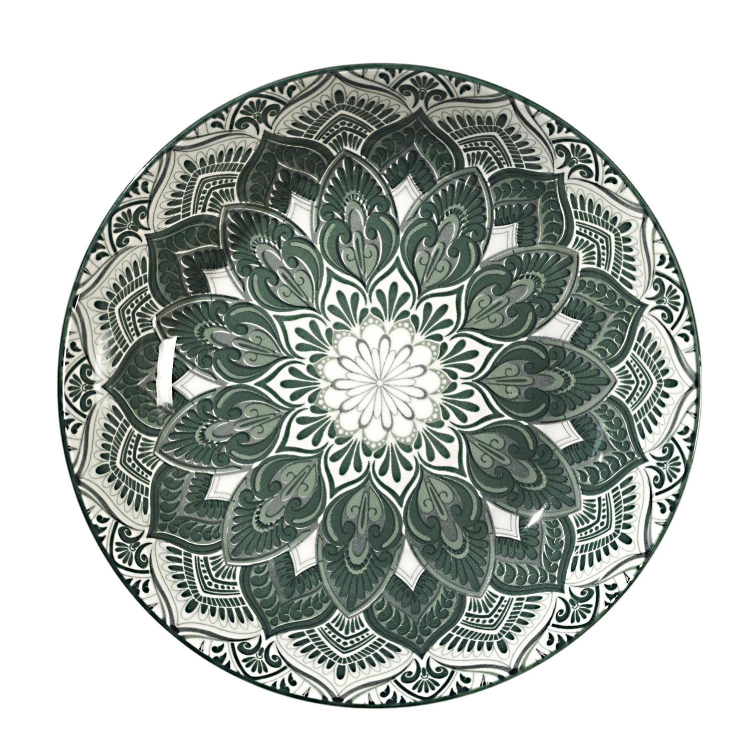 Service de table Indi 12 pièces, assiettes en porcelaine vertes et blanches, lot de 4 assiettes plates de 27 cm, 4 assiettes à dessert 19 cm, 4 assiettes creuses de 20 cm, motif mandala