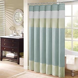 Madison Park Amherst Bathroom Shower Curtain Faux Silk Pieced Striped Mo...