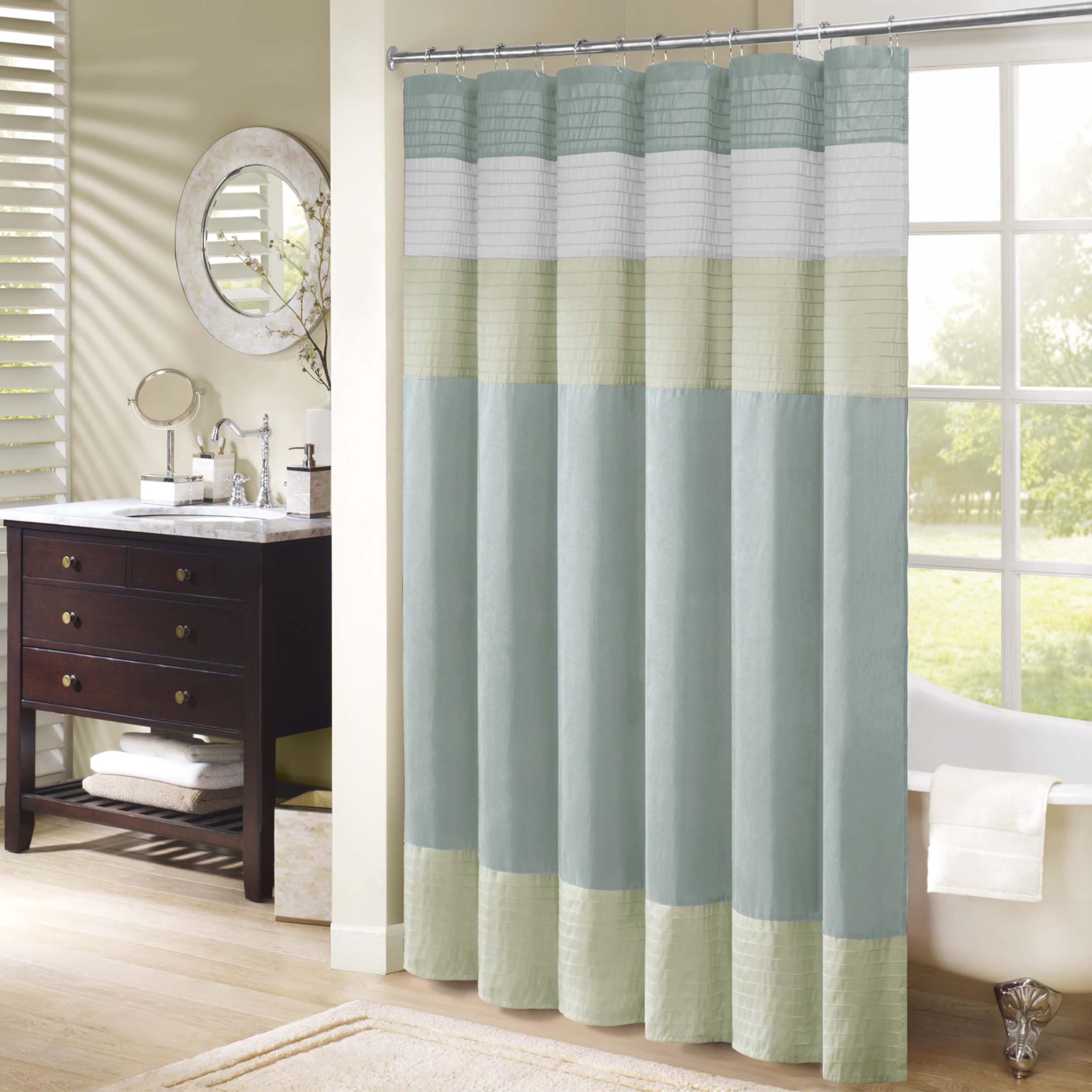 Madison Park Amherst Tenda da Doccia Finta Seta a Righe Moderne Tende da Bagno in Microfibra, Poliestere, Verde, 72 in x 72 in