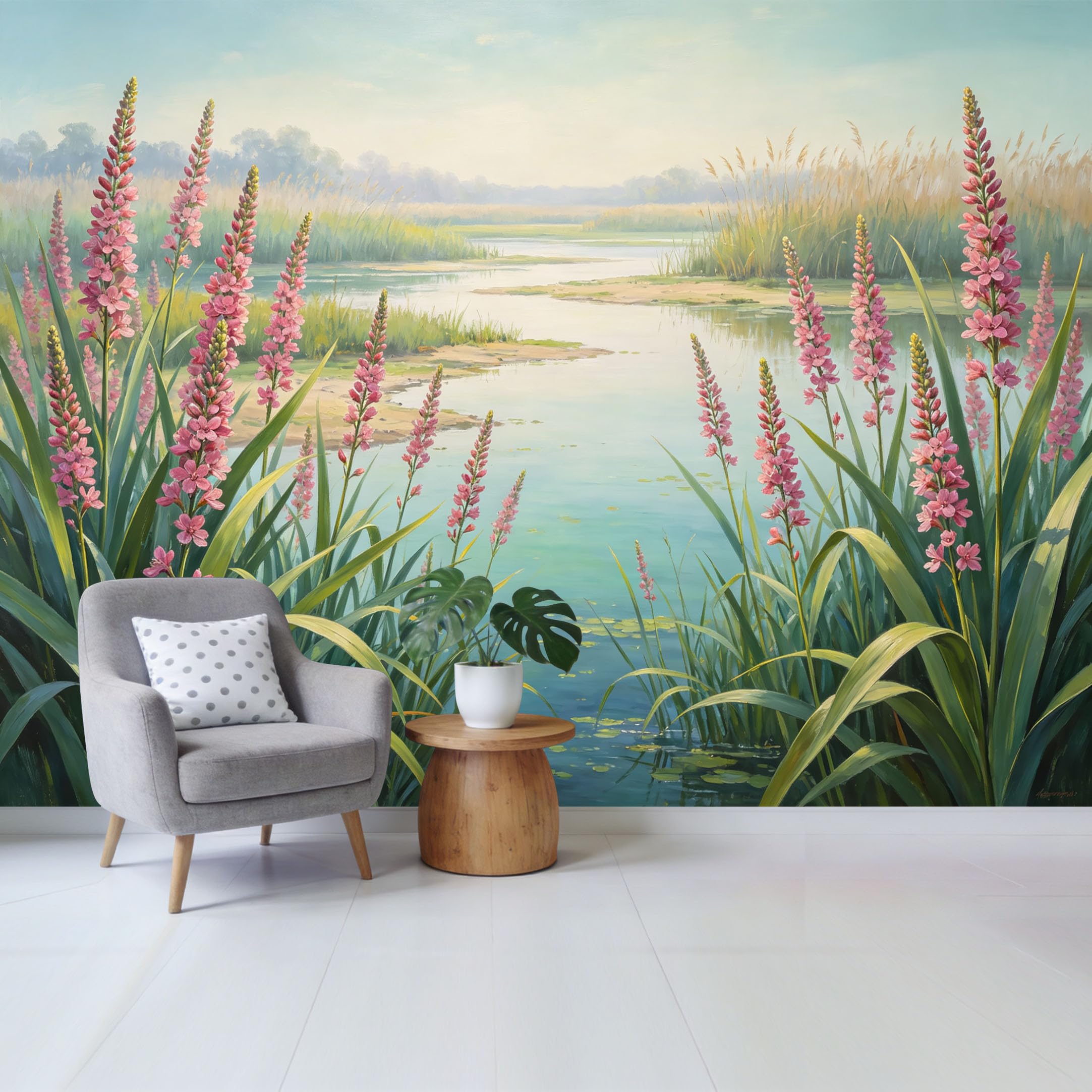 Qzlithotic Yq2605250860 Custom Size Wall Mural Pink Wildflower Meadow Lakeside Landscape Oil Painting Art Selfadhesive Wall Fabric Removable Wallpaper For Home Office Decor