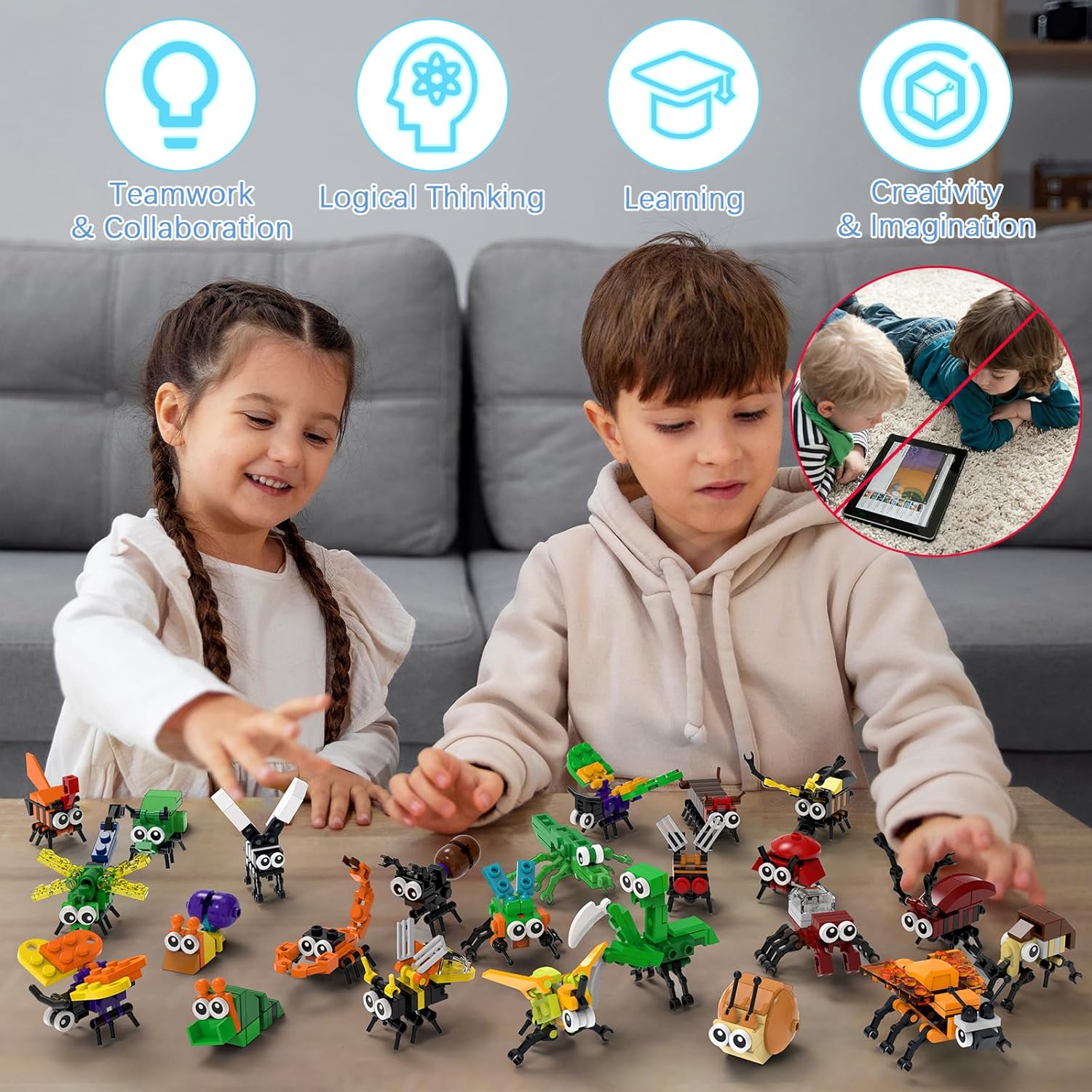 Two children playing with multiple assembled insect building figures on a table, demonstrating teamwork and logical thinking.