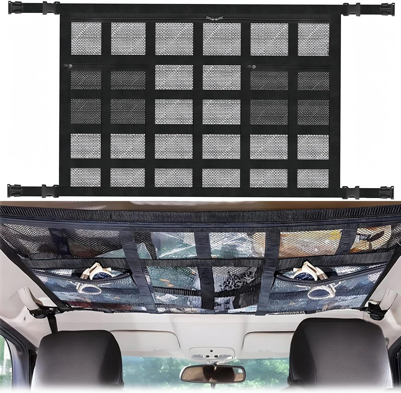 Car Ceiling Cargo Net Pocket with Two Zipper Pockets, Adjustable Double-Layer Polyester Mesh Bag, 90 x 65cm, Black, Universal Fit for Car, SUV, Van