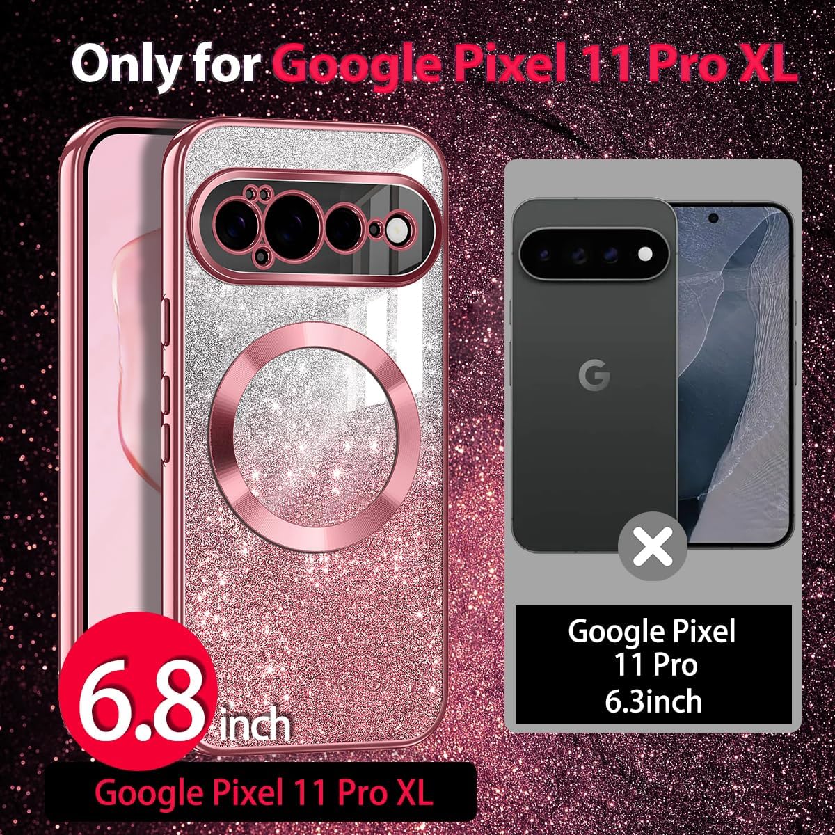 Casetego for Google Pixel 11 Pro XL Case,Compatible with MagSafe,Glitter Sparkle Magnetic Plated Slim Shockproof Soft TPU Bumper Full Protection Case for Google Pixel 11 Pro XL,Rose Gold image 2