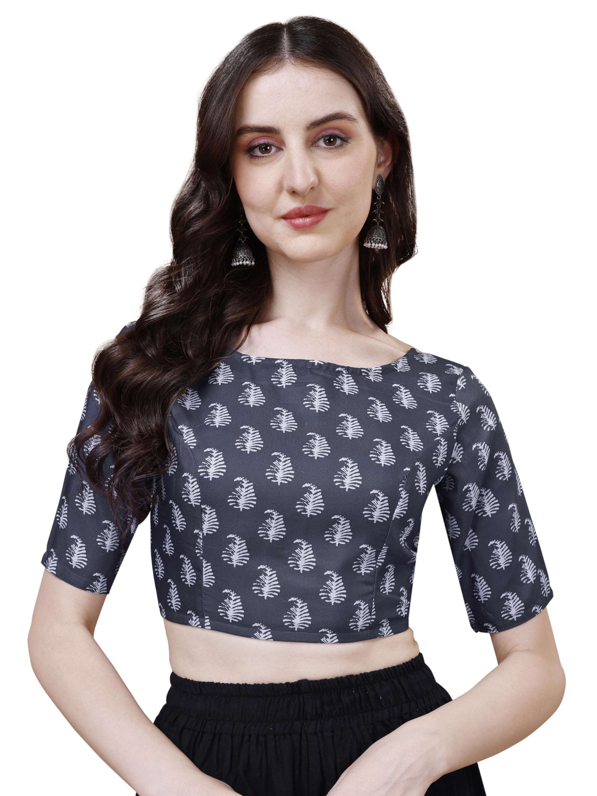 Oomph! Women's Indian Ethnic Wear Designer Paislay Pattern Boat Neck Half Sleeve Cotton Indigo Blue Blouse For Saree Or Lehnga And Blousepalazzos Or Skirts For A Fusion Twist.