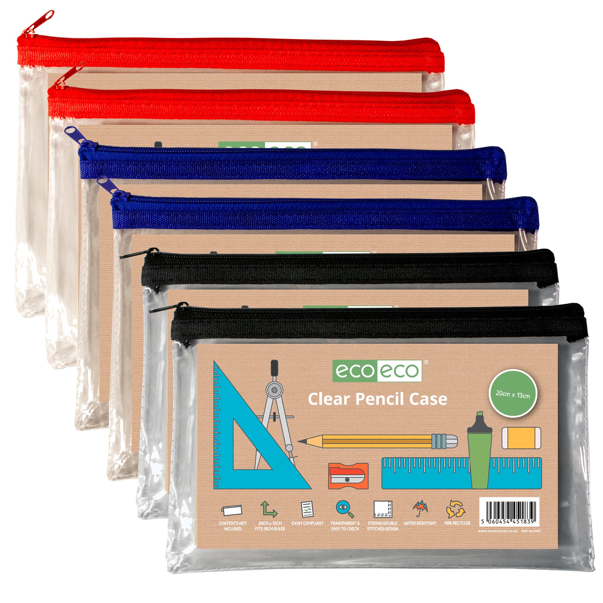 eco-eco 90% Recycled Clear Exam Transparent Pencil Case, Coloured Zips, Pack of 1, Model eco183x6