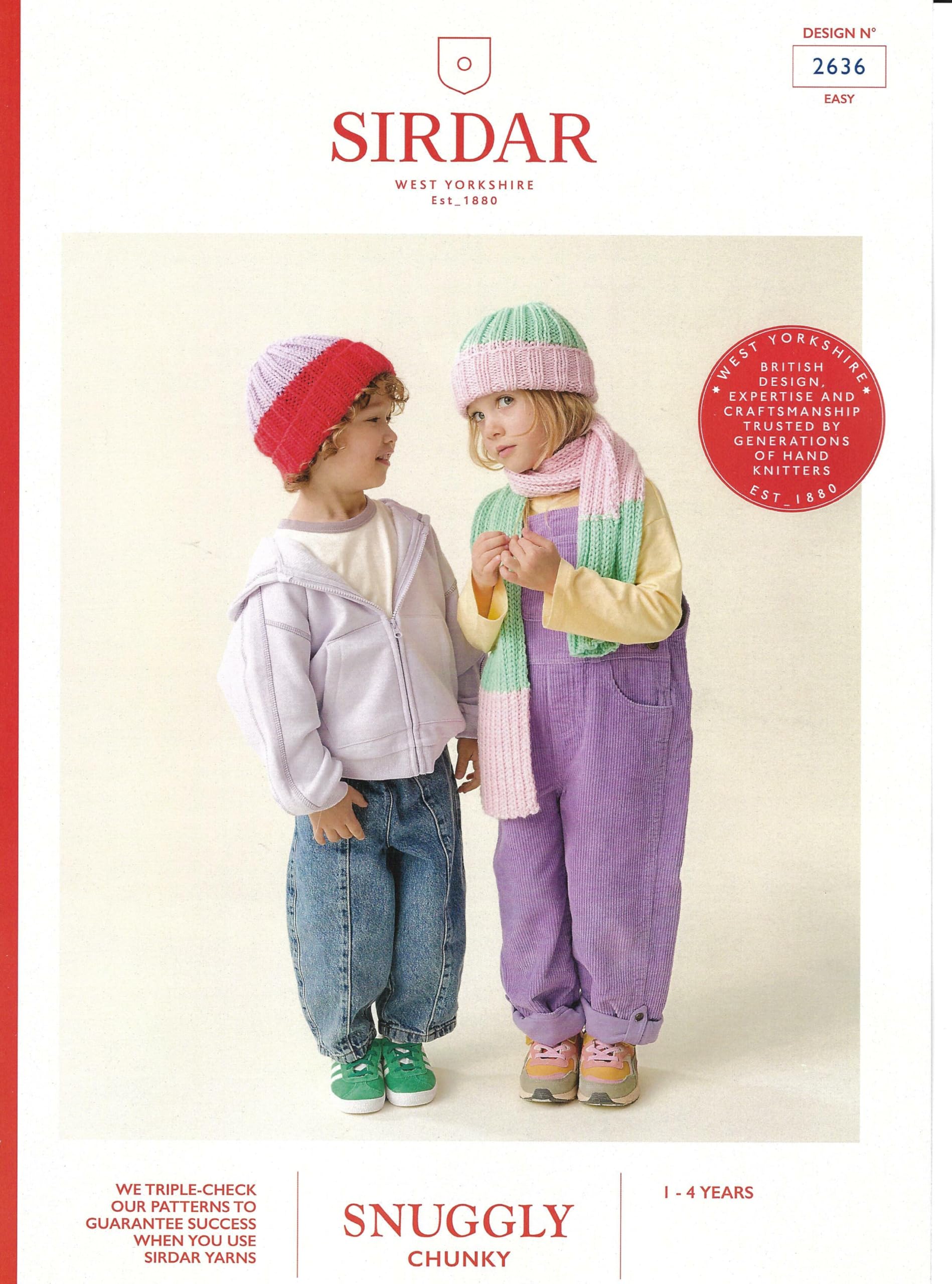 Sirdar Multicolour Chunky Knitting Pattern Pamphlet - 2636 Children's Hat & Scarf Set (1-4Years)