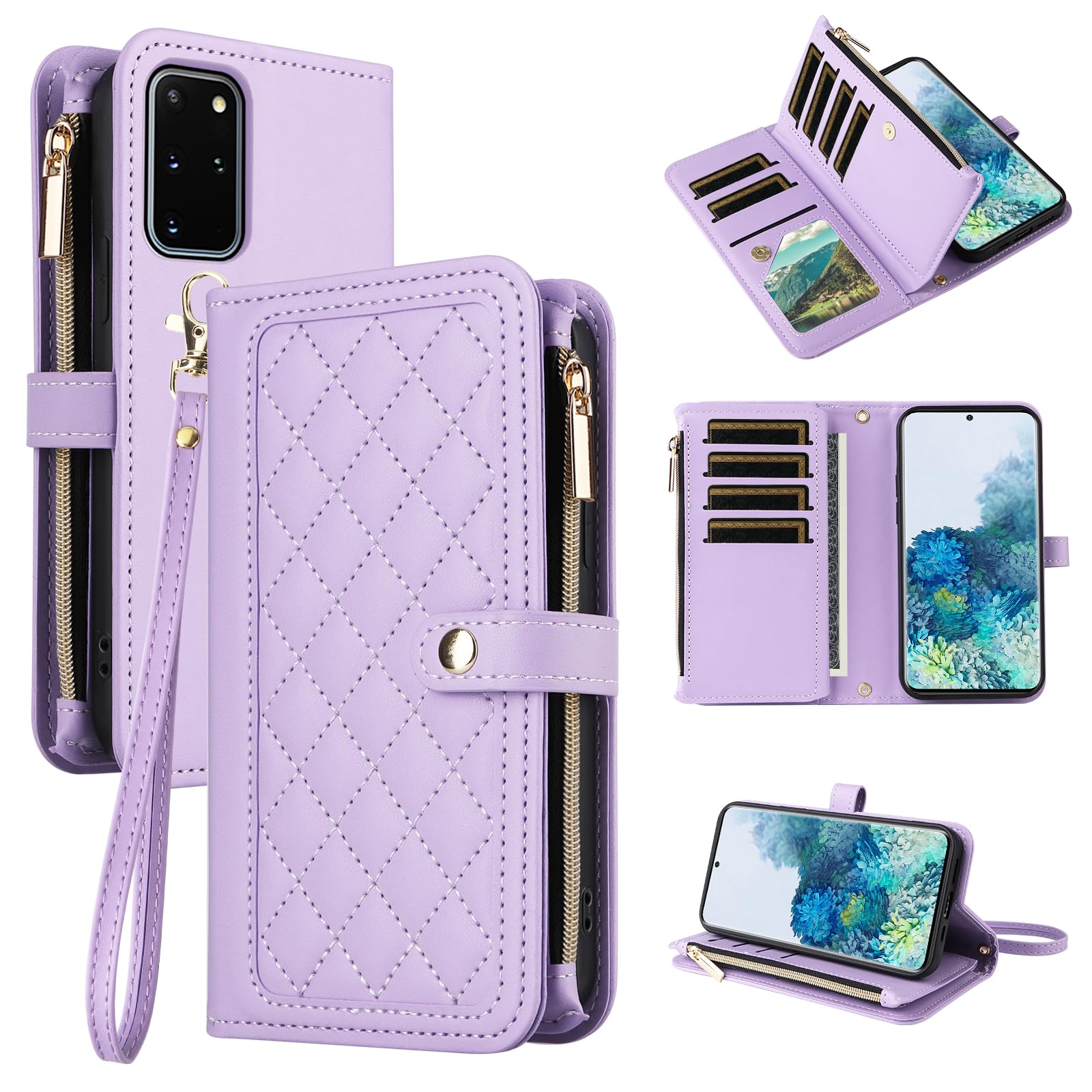 Dswteny Wallet Case for Samsung Galaxy S20 Plus S20+ 5G with Wrist Strap Flip Zipper Credit Card Holder Stand Accessories Cell Phone Cover for S20+5G