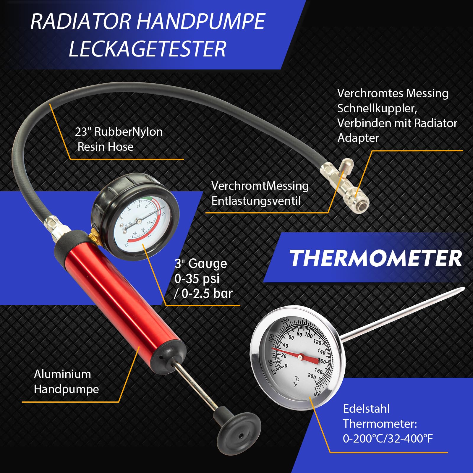 Kühlsystem Abdrückgerät Kühler Prüfgerät Kühlsystemtester Inklusive Füllsystem, Kühlmittel, Kühler, Testgerät, Testkoffer (15 TLG)