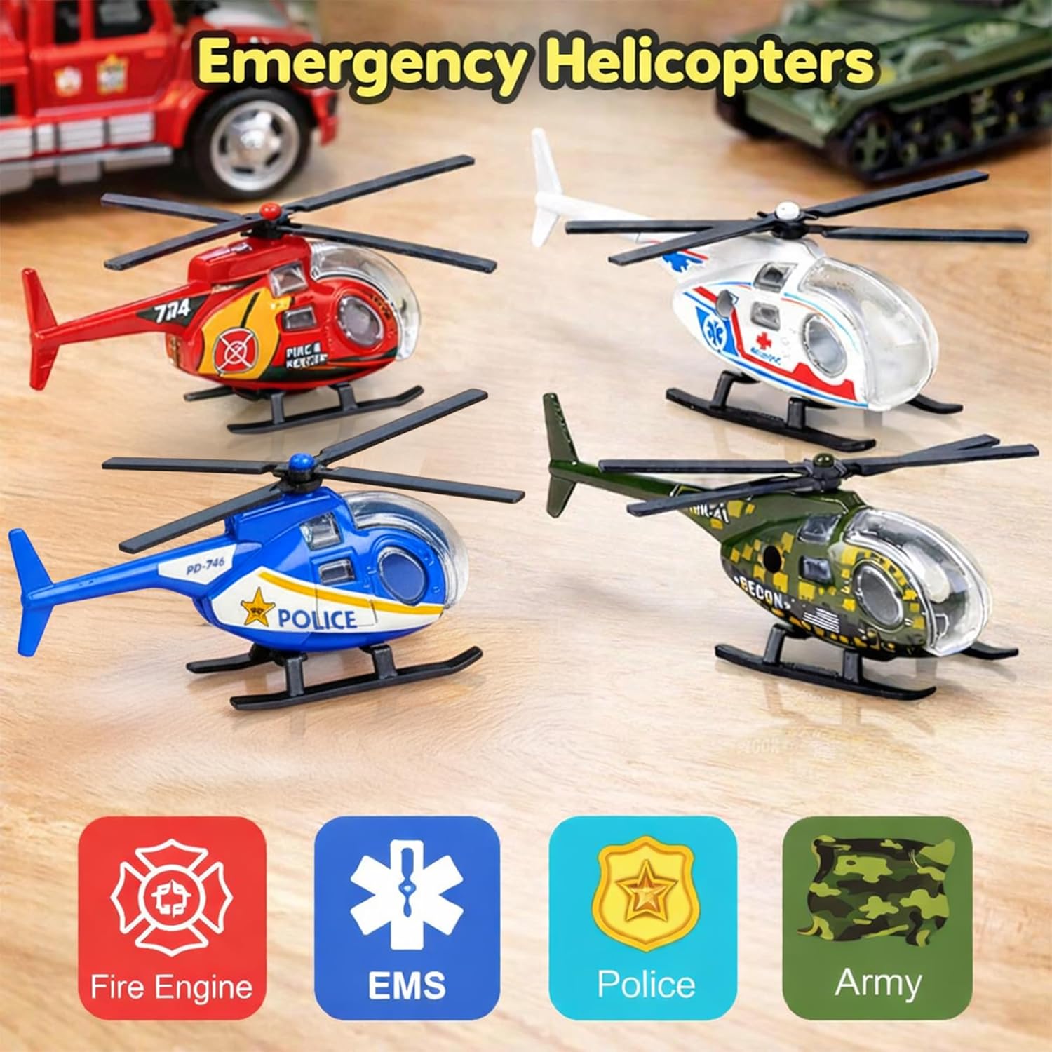 ArtCreativity Diecast Helicopter Toy - Pack of 4 - Police, Fire Engine, EMS, and Military Diecast Toy Choppers with Spinning Propellers, Birthday Party Favors for Boys and Girls