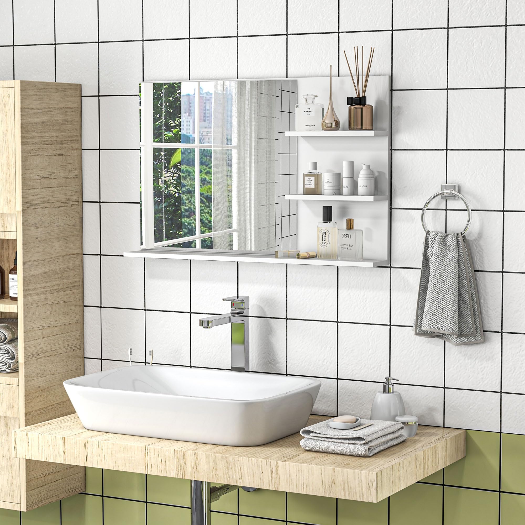 kleankin Specchio Bagno Moderno con 2 Ripiani Laterali e Ripiano Inferiore, Specchio da Parete in MDF e Vetro, 75x10x48 cm, Bianco
