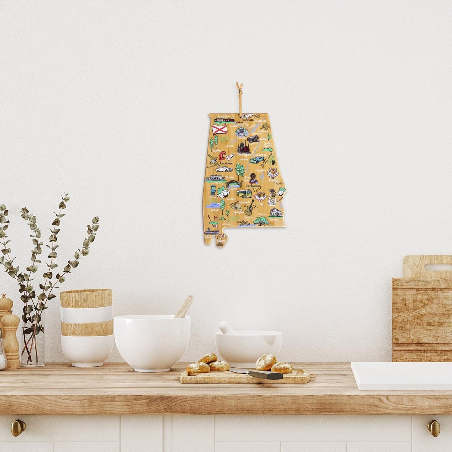 Totally Bamboo Alabama State Shaped Cutting Board and Charcuterie Serving Platter with Artwork by Fish Kiss, Includes Hang Tie for Wall Display - Image 4