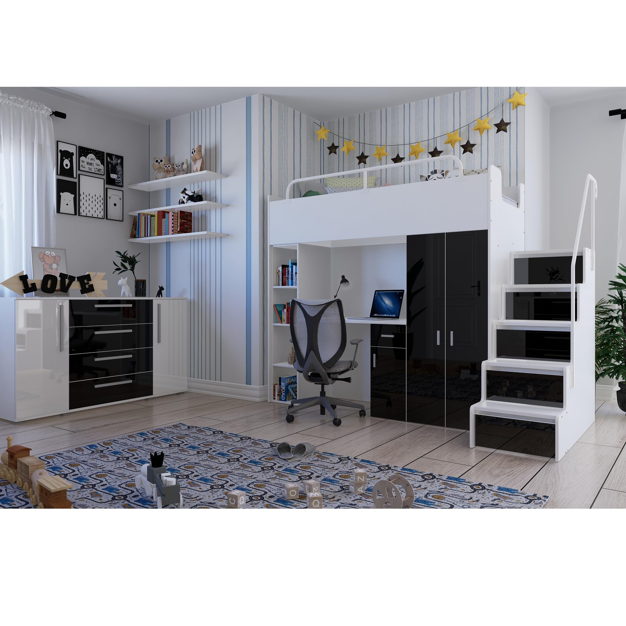 Hochbett JSM-4 80x190 mit Kleiderschrank Schreibtisch und Treppe Hochglanz Kinderbetten Funktionsbett Etagenbett Stockbett Kinderhochbett Jugendhochbett (Schwarz Glanz)