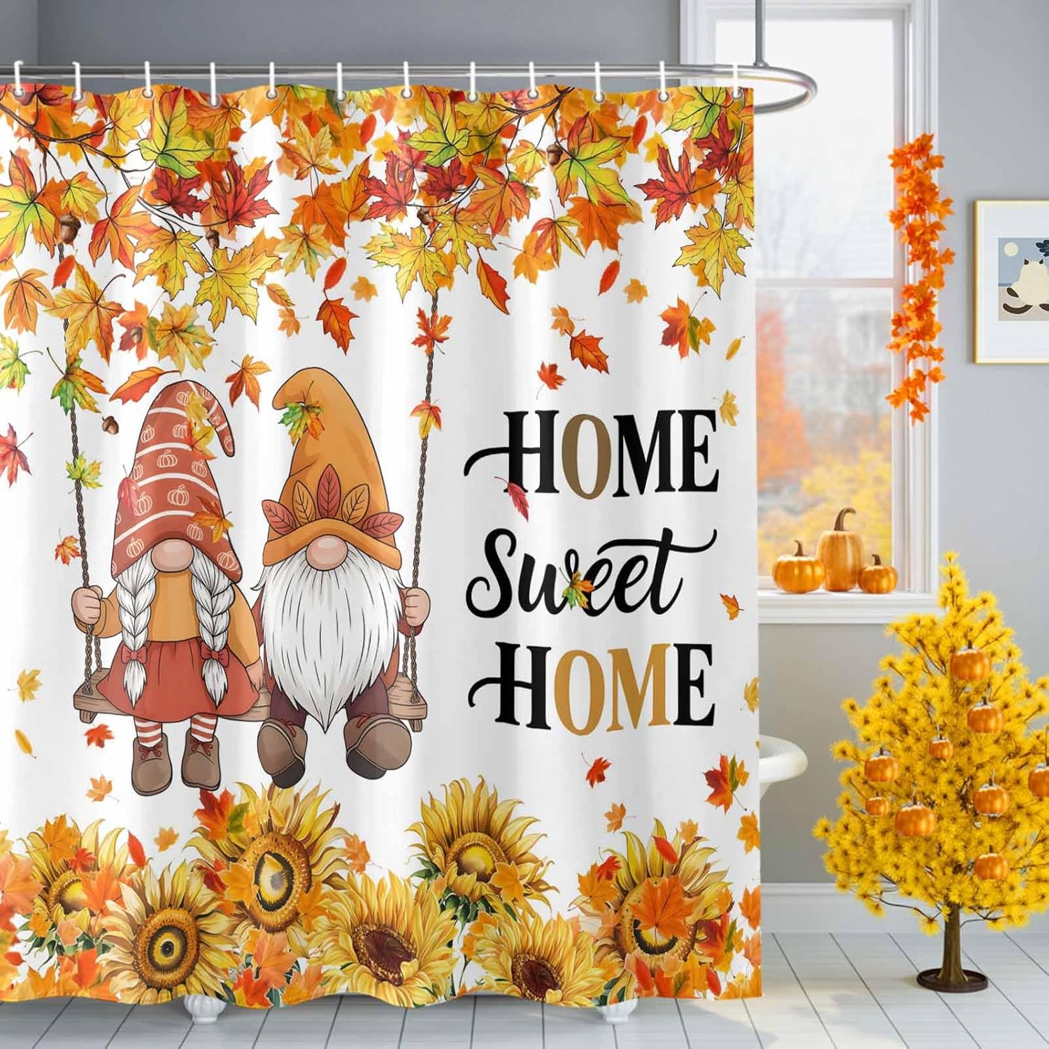 Orange Blue Pumpkins Fall Shower Curtain Set - Extra Long 72" x 96" Washable Bathtub Thanksgiving Curtain with 12 Hooks, Floral Botanical Waterproof Fabric Shower Curtains for Bathroom