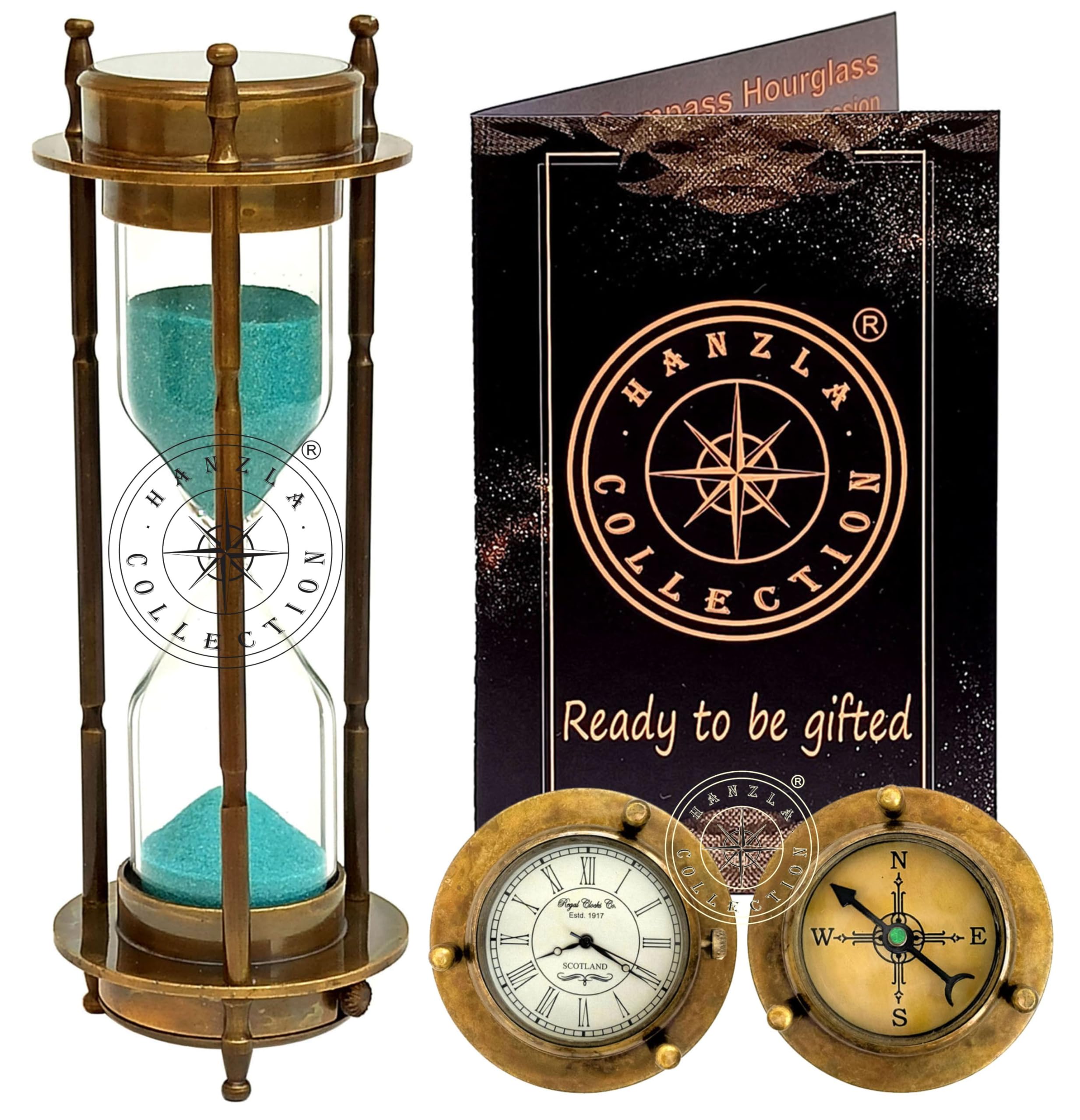 Horloge de bureau vintage en verre et métal sablier nautique en laiton