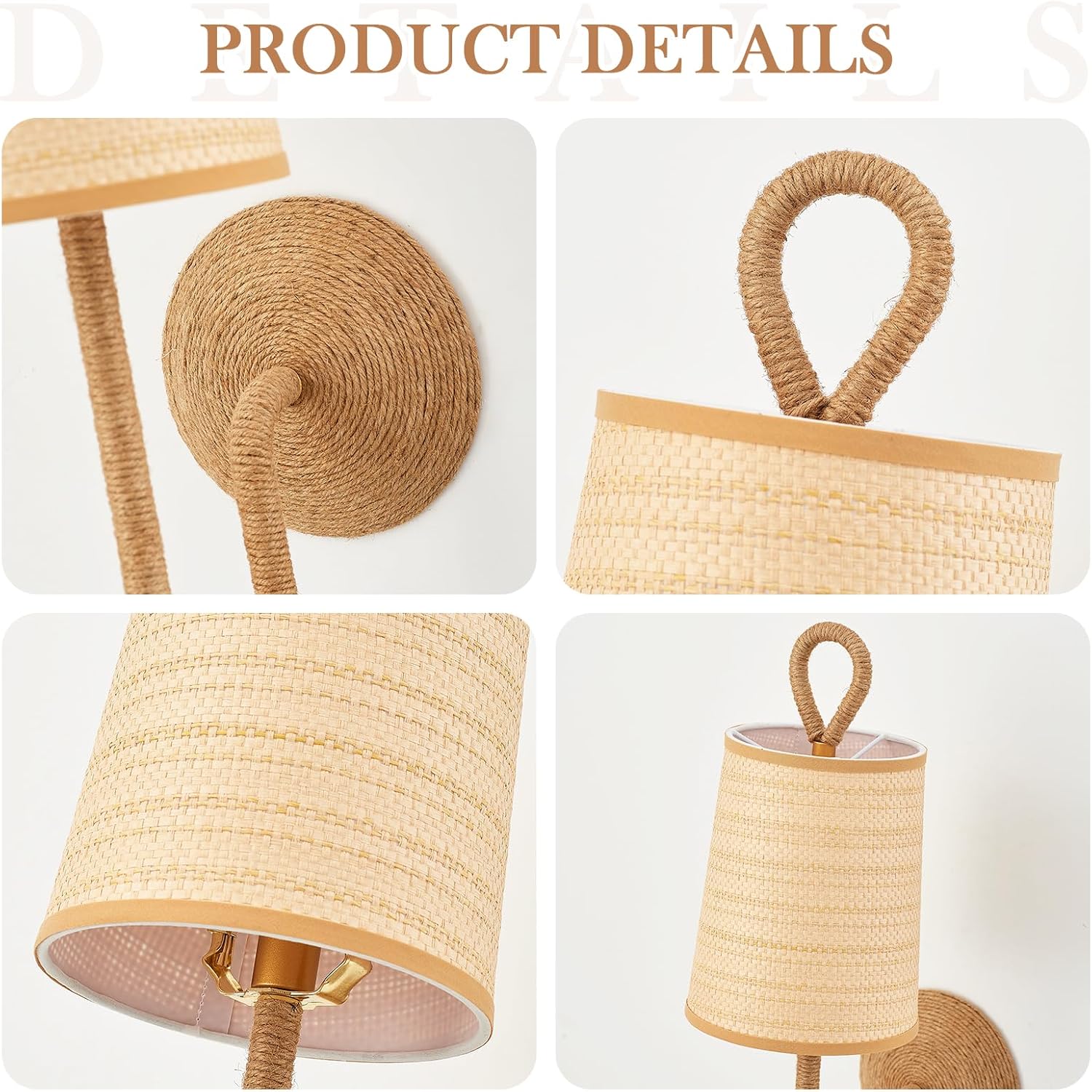 Boho Natural Rattan Wall Sconce Set of 2 Hand Woven Wall Lamp Rustic Wicker Wall Lights for Bedside Hallway Vanity Stairway Fireplace Living Room, UL Listed