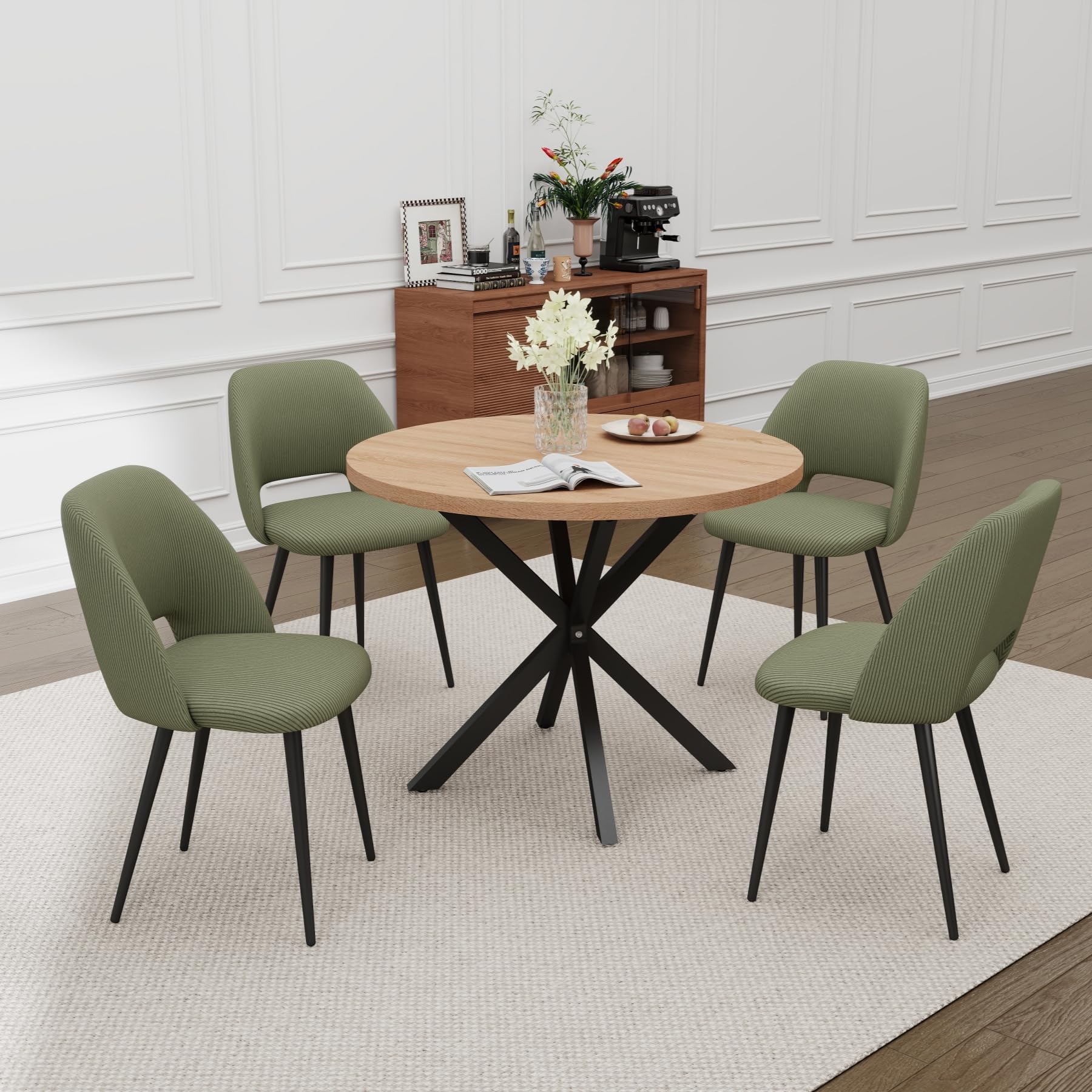 Juego de Mesa y Sillas de Comedor, Mesa de Comedor Redonda de MDF de 100 CM, 4 Sillas de Cocina Tapizadas de Pana,para Comedor, Sala de Estar, Cocina (Claro Color + Verde)