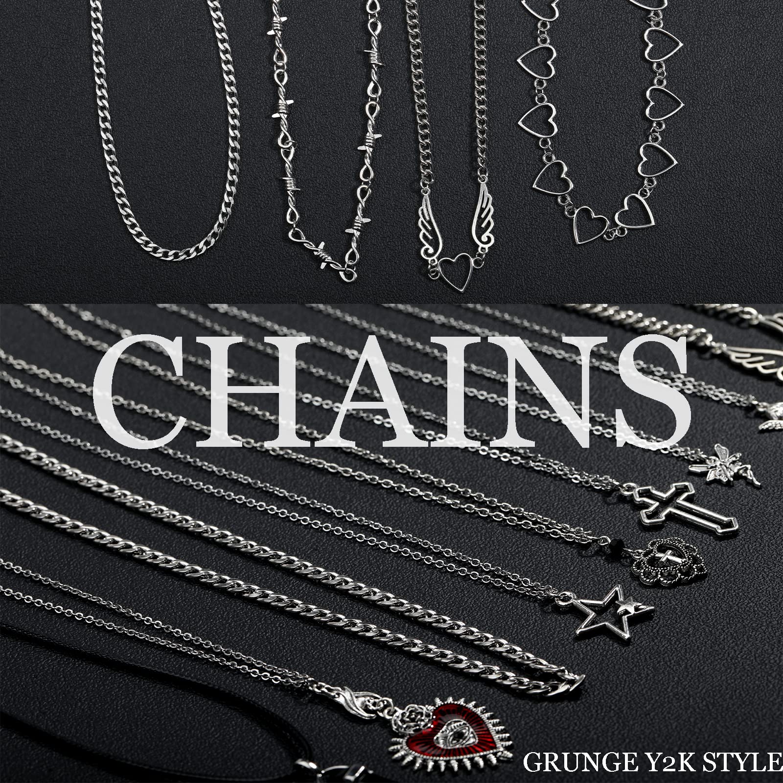 Juego de 14 piezas de collar gótico grunge Y2k Grunge joyería gótica cruz Y2k estrella Emo accesorios Y2K conjunto de joyas para mujeres y hombres, Zinc, Sin piedra preciosa 7