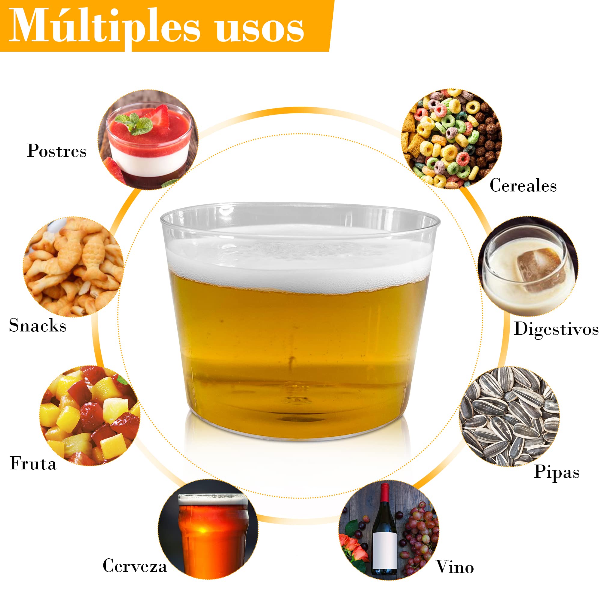 100 Vasos Chiquito de Plástico Reutilizables para Vino y Postres de 200 Ml .Vasitos Resistentes de Zurito y Aperitivos. Ideales para postres (mousse, souffle), frutas, entrantes y coctel
