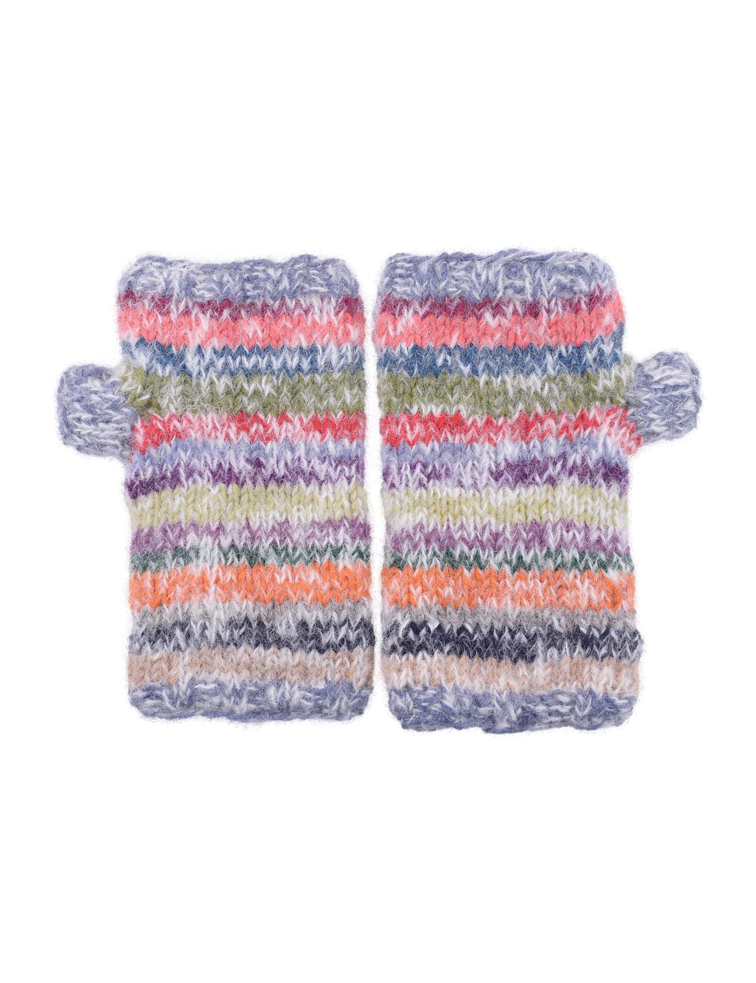 Pachamama Women Soft Wool Mohair Hand Wrist Warmers Sherpa Fleece Lined Handknitted Striped Multicoloured One-Size Handmade Thumbhole Thermal Extra Warm Fair Trade