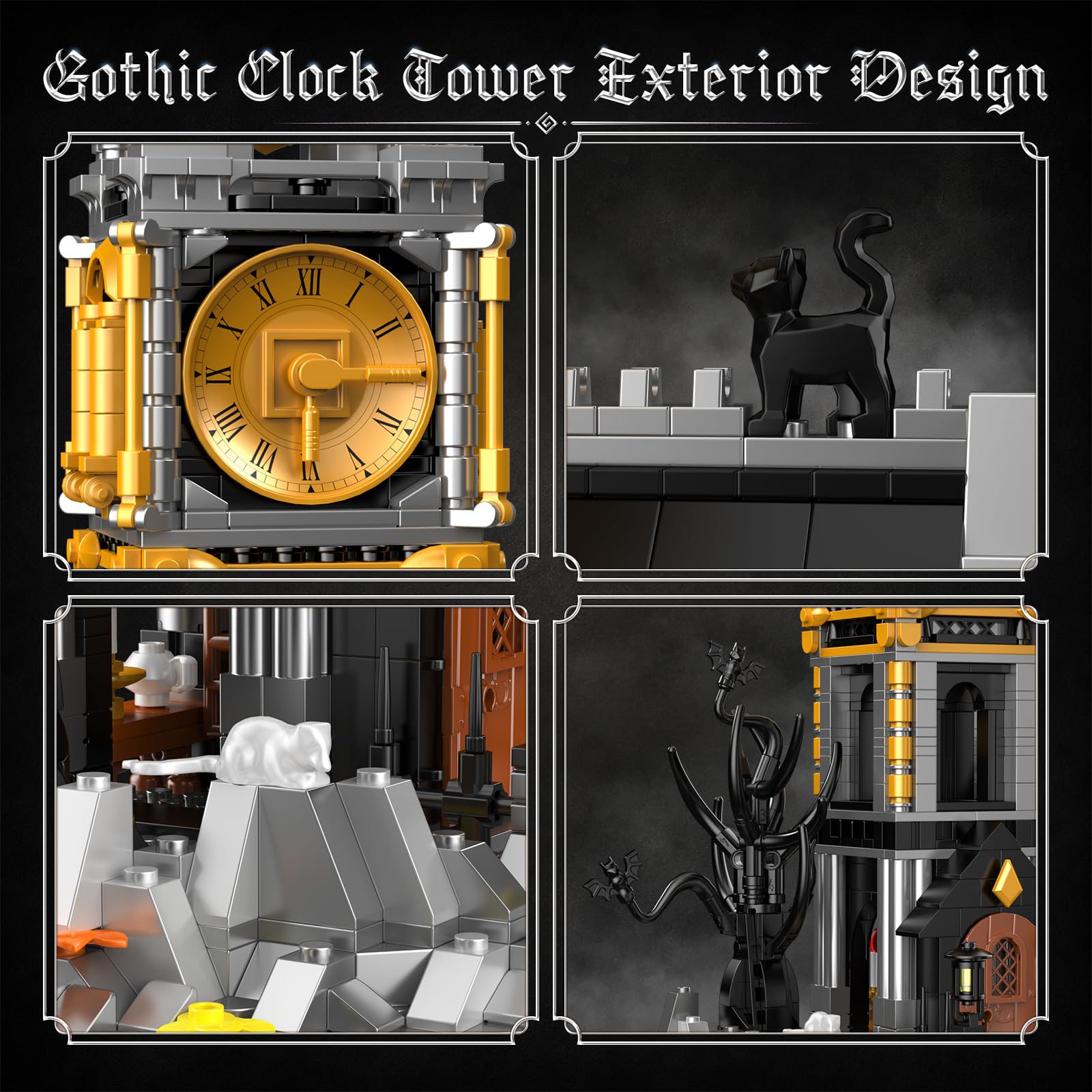 Vziimo Magic Clock Tower Bausteine, Gothic Haus Klemmbausteine Deko Modell mit Katze & Tiere, Schloss MOC Creator Geschenk für Erwachsene ab 15 Jahren (1232 Teile)
