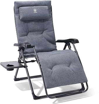 EVER ADVANCED Aluminum Zero Gravity Chair Oversized, 2.4" Thick Padded Reclining Lounge Chair with Adjustable Headrest & Side Table, Heavy Duty Support 350 lbs, Foldable for Outdoor & Indoor, Gray