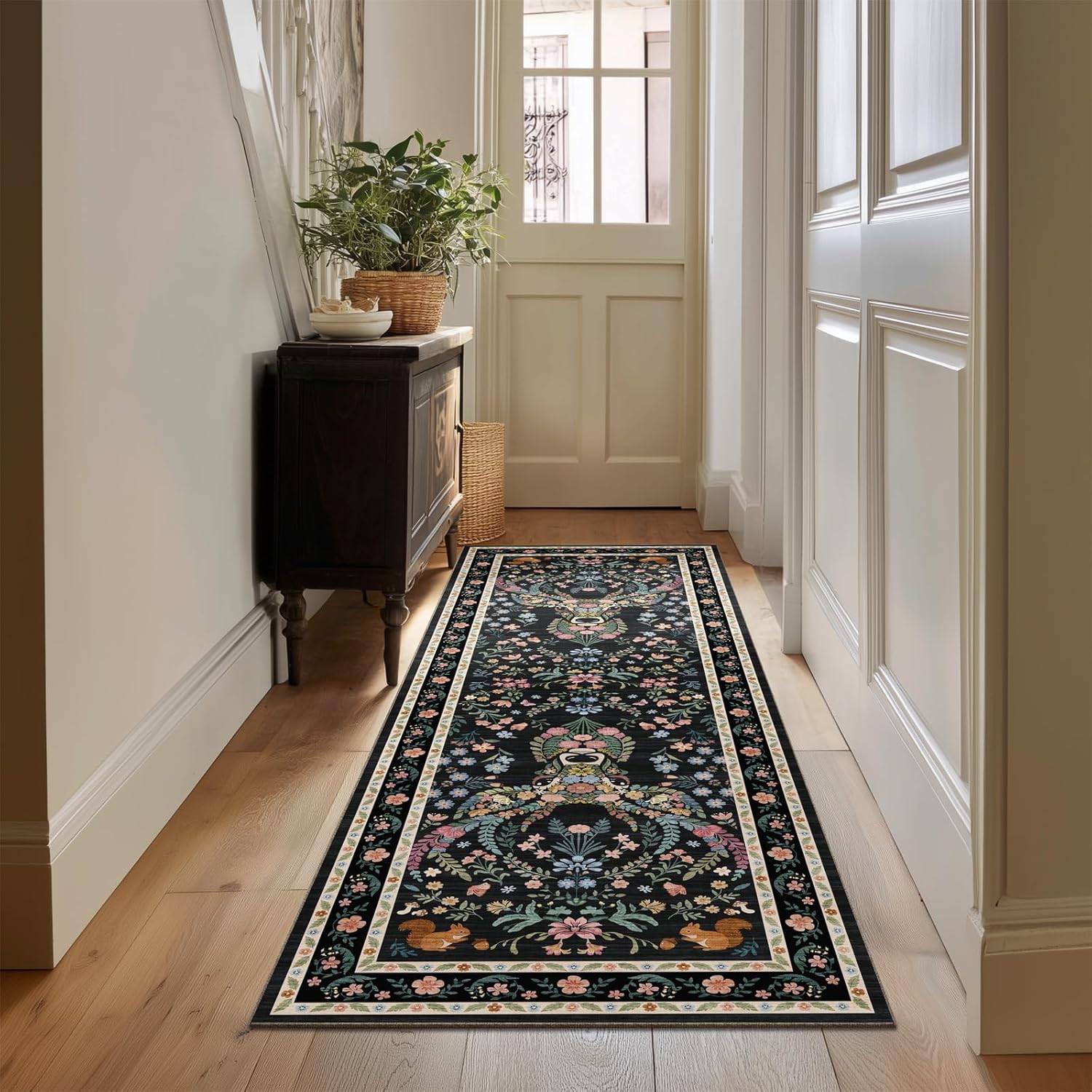 Area Rug Hallway Vintage Floral Deer Pattern 2x6 - Bohemian Forest Animal Carpet with Squirrel & Butterfly, Soft Decorative Area Rug for Living Room Bedroom Home Decor