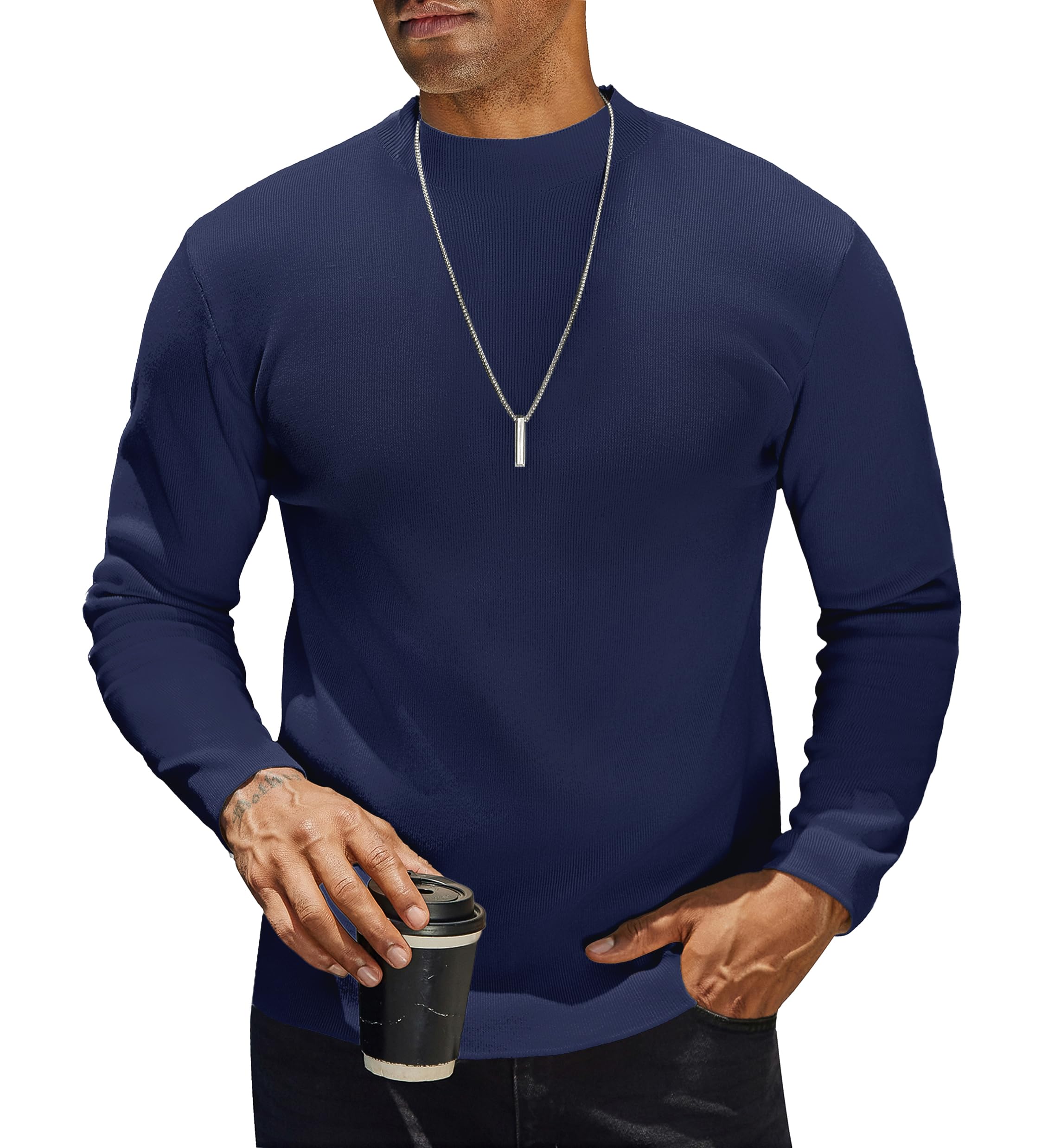 COOFANDY Stehkragen T-Shirts für Herren Langarm Strick Halb Kragen Langarmshirt Winter Einfarbig Thermoshirt Freizeit Pullover Männer